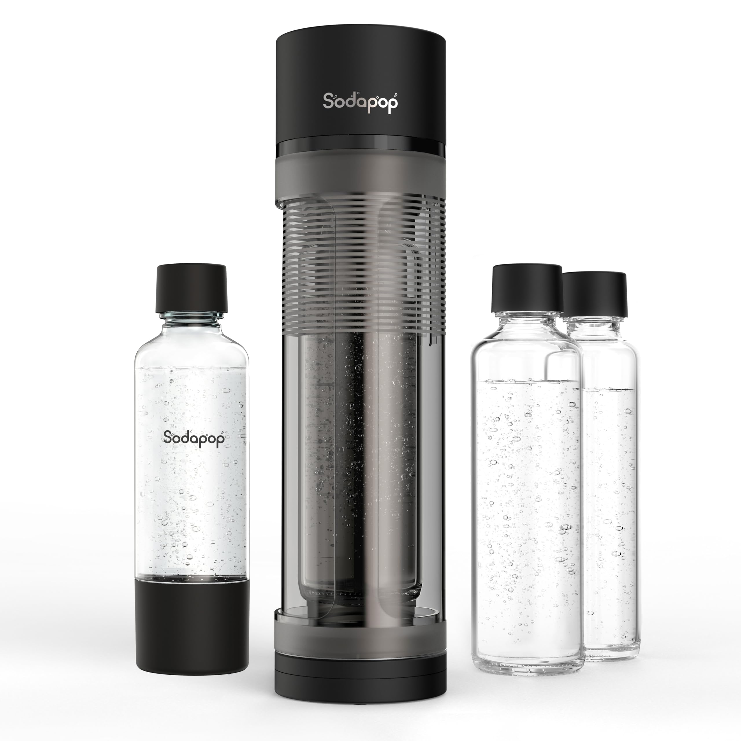 Sodapop Logan Water Carbonator with 2 Glass Bottles (850 & 600 ml) and 1 PET Bottle (850 ml), Matt Black, Height 42.6 cm, without CO₂ Cylinder