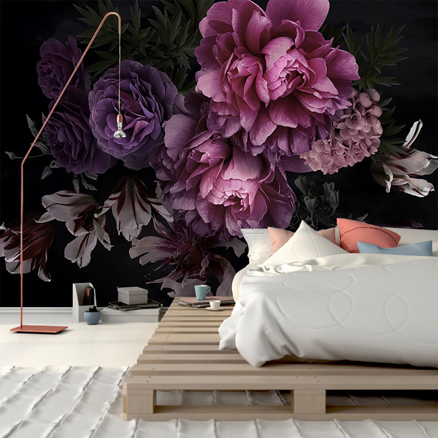 Papier peint 3D noir et violet pivoine fleurs modernes grand salon