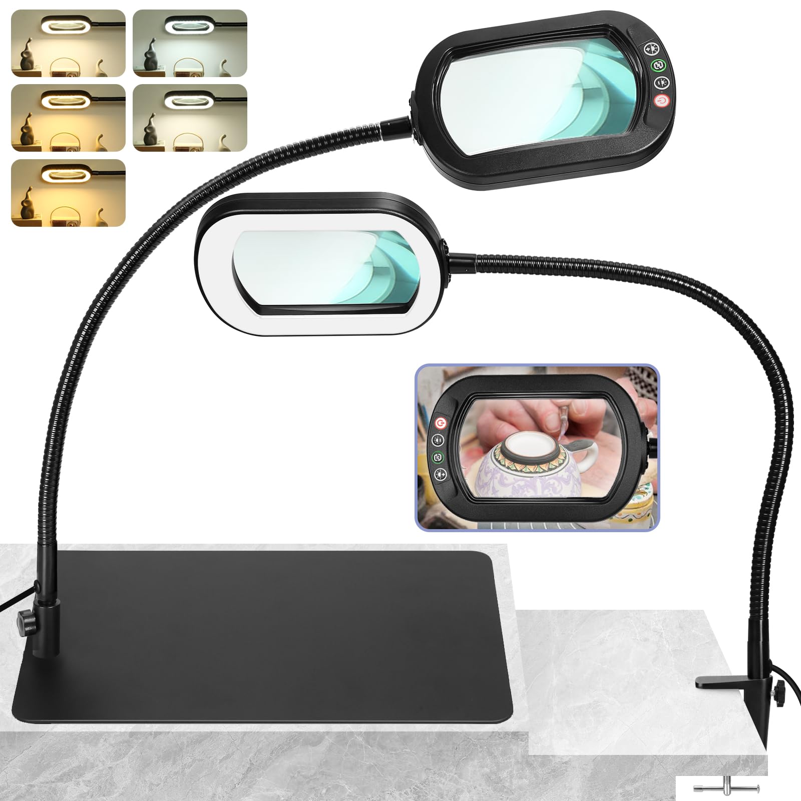 10X Square Magnifying Glass with Light and Stand, 2-in-1 Gooseneck LED Lighted Magnifier, 5 Color Modes Stepless Dimmable, Hands Free Magnifying Desk Lamp with Clamp for Reading Craft Hobby Close Work