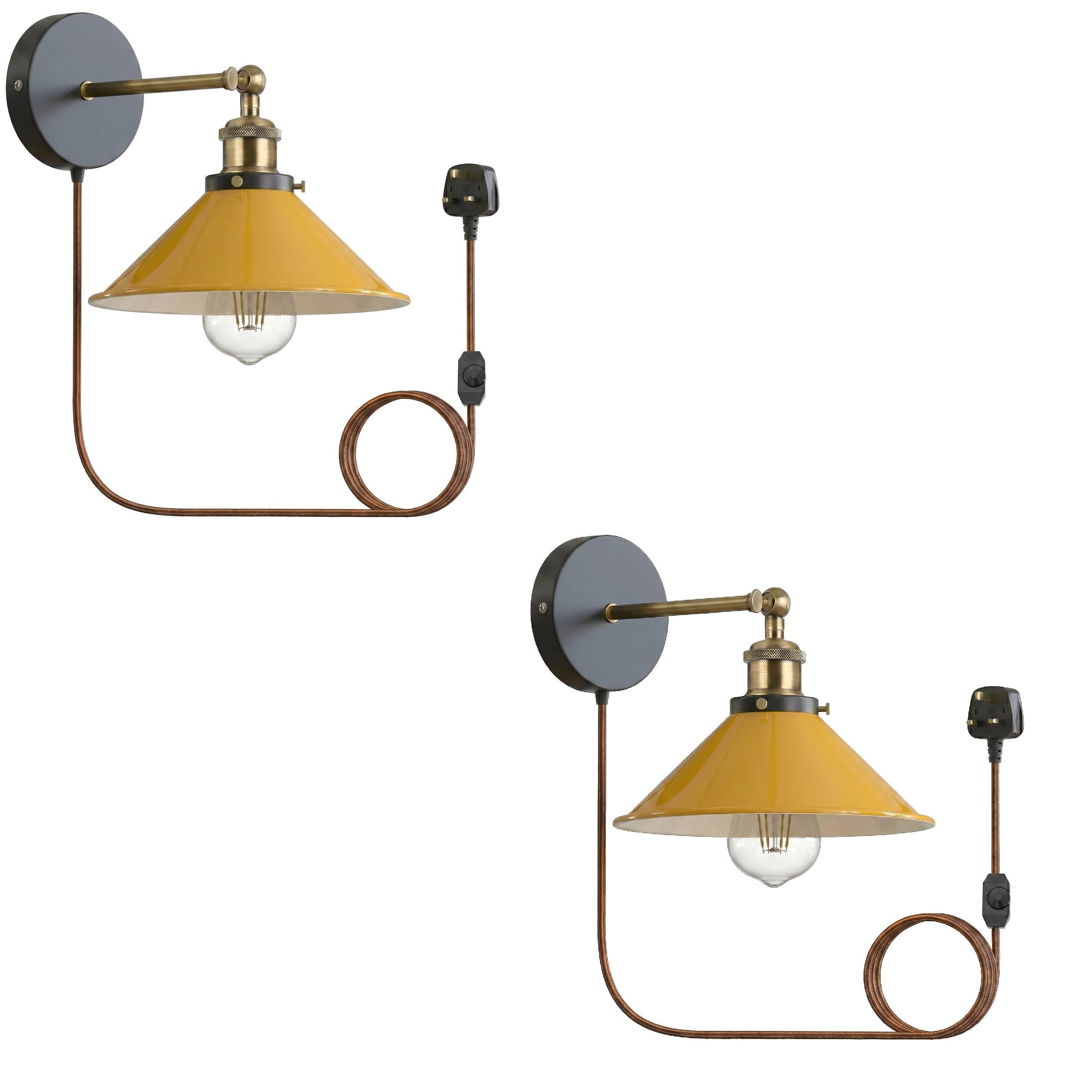 LEDSone 2 Pack Industrial Wall Sconce Adjustable Arm Light dimmer Switch Plug in 22cm Yellow Metal Cone Lamp Shade with E27 Base Wall Lights for Restaurant Office and Indoor Home Decor