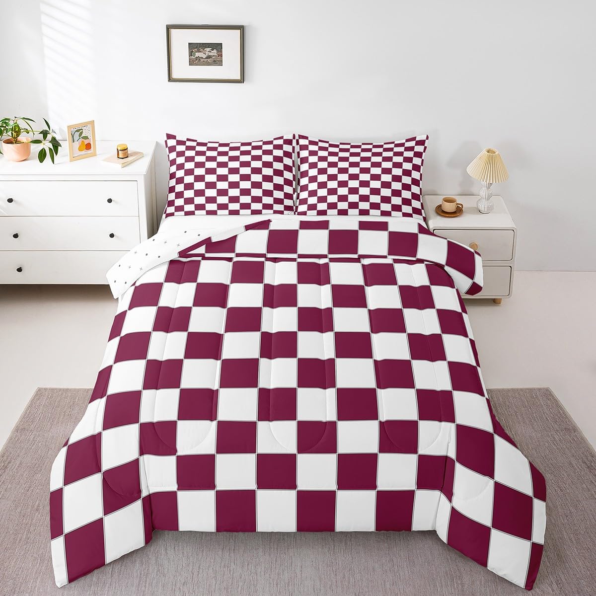 Erosebridal Burgundy Check Plaid Comforter Set King White Red Checkerboard Bedding Set,Checkered Grid Quilt Set for Kids Teen Adults Aesthetic Geometric Bed Set Modern Room Decor