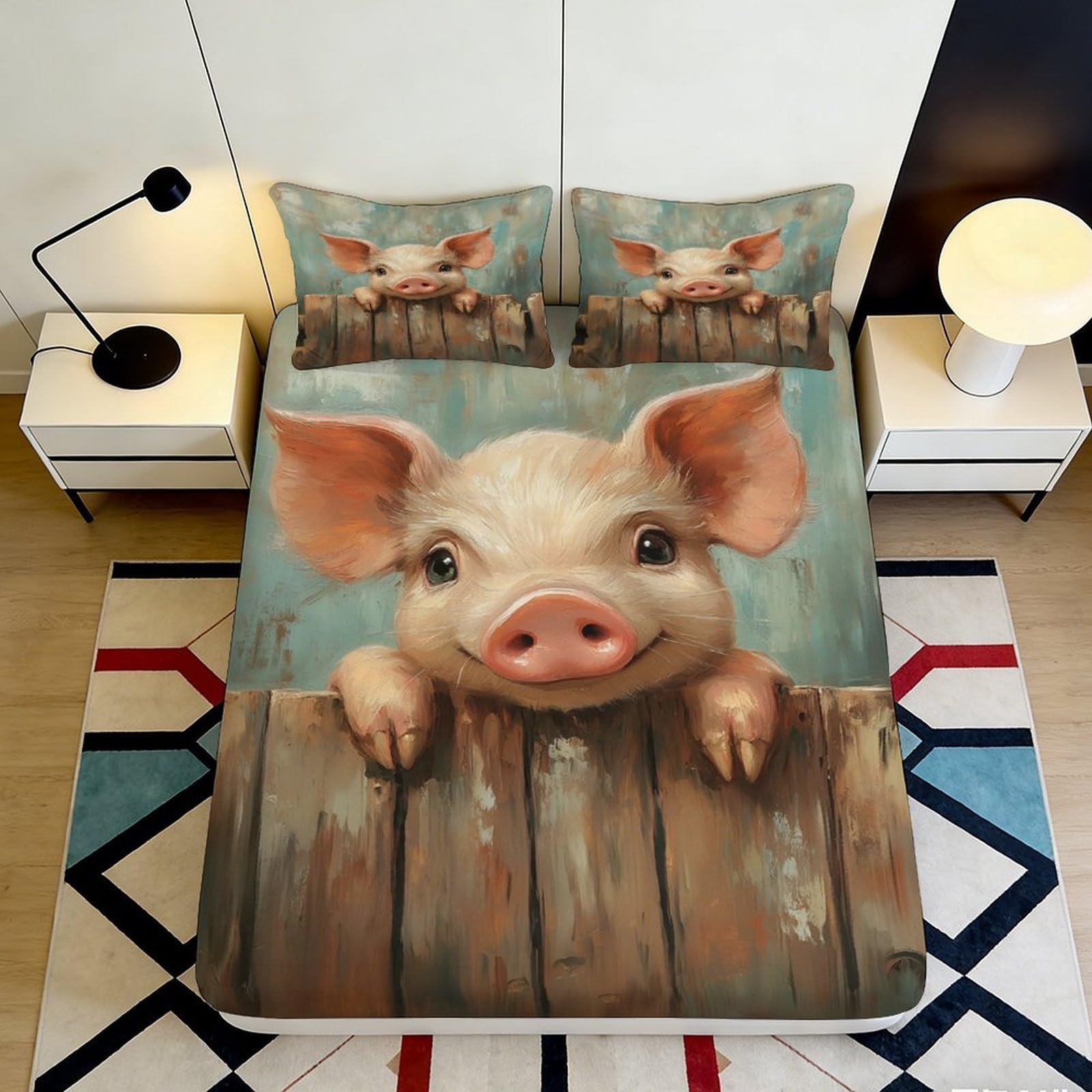 3D Printed Cute Pig Fitted Sheet Microfiber Non-slip Cartoon Animal Mattress Cover Easy Care for Bedroom Dorm Décor 160x200x25cm