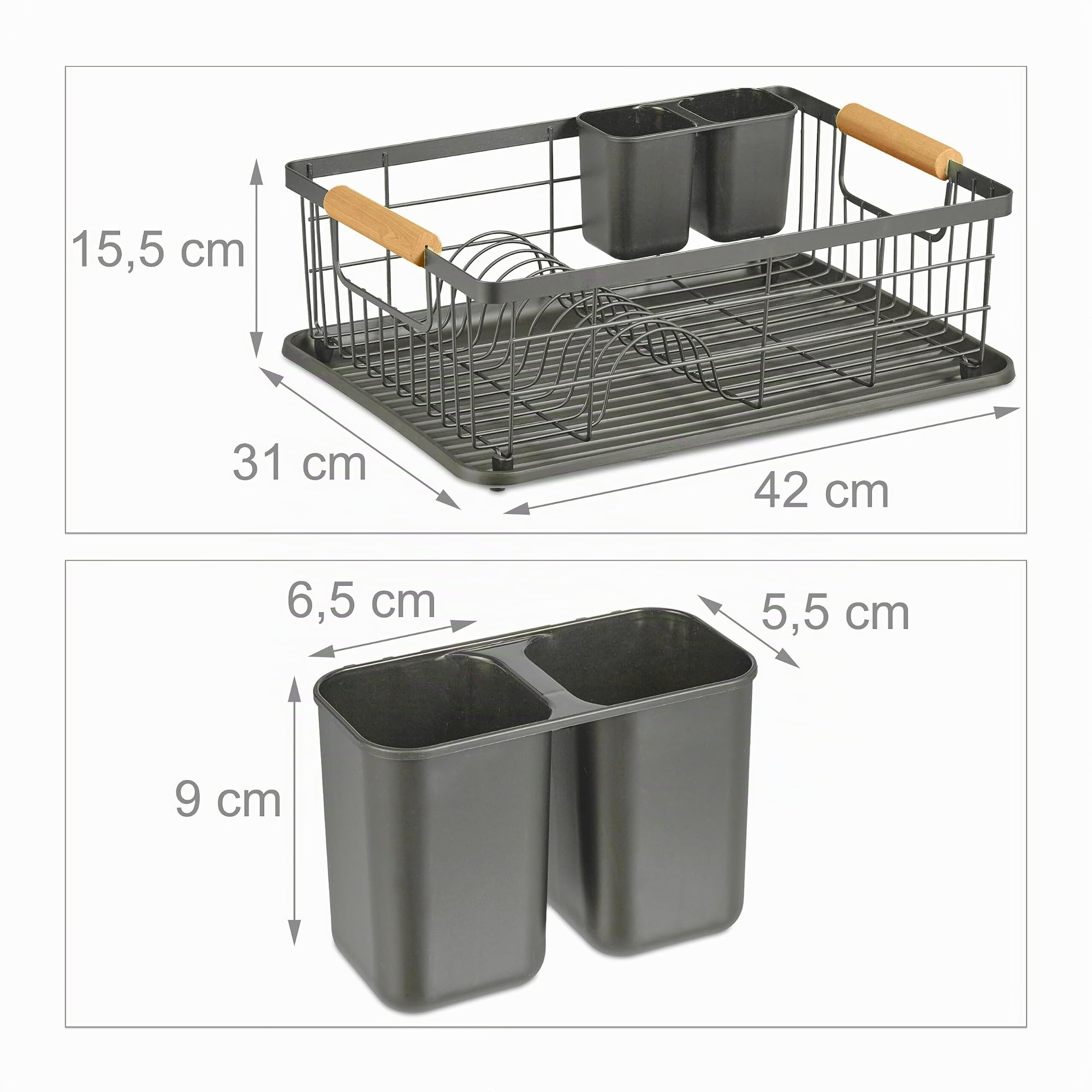 Relaxdays Scolapiatti da Appoggio per Lavello, Portaposate & Vaschetta Raccogli Acqua, Gocciolatoio per Cucina, Grigio