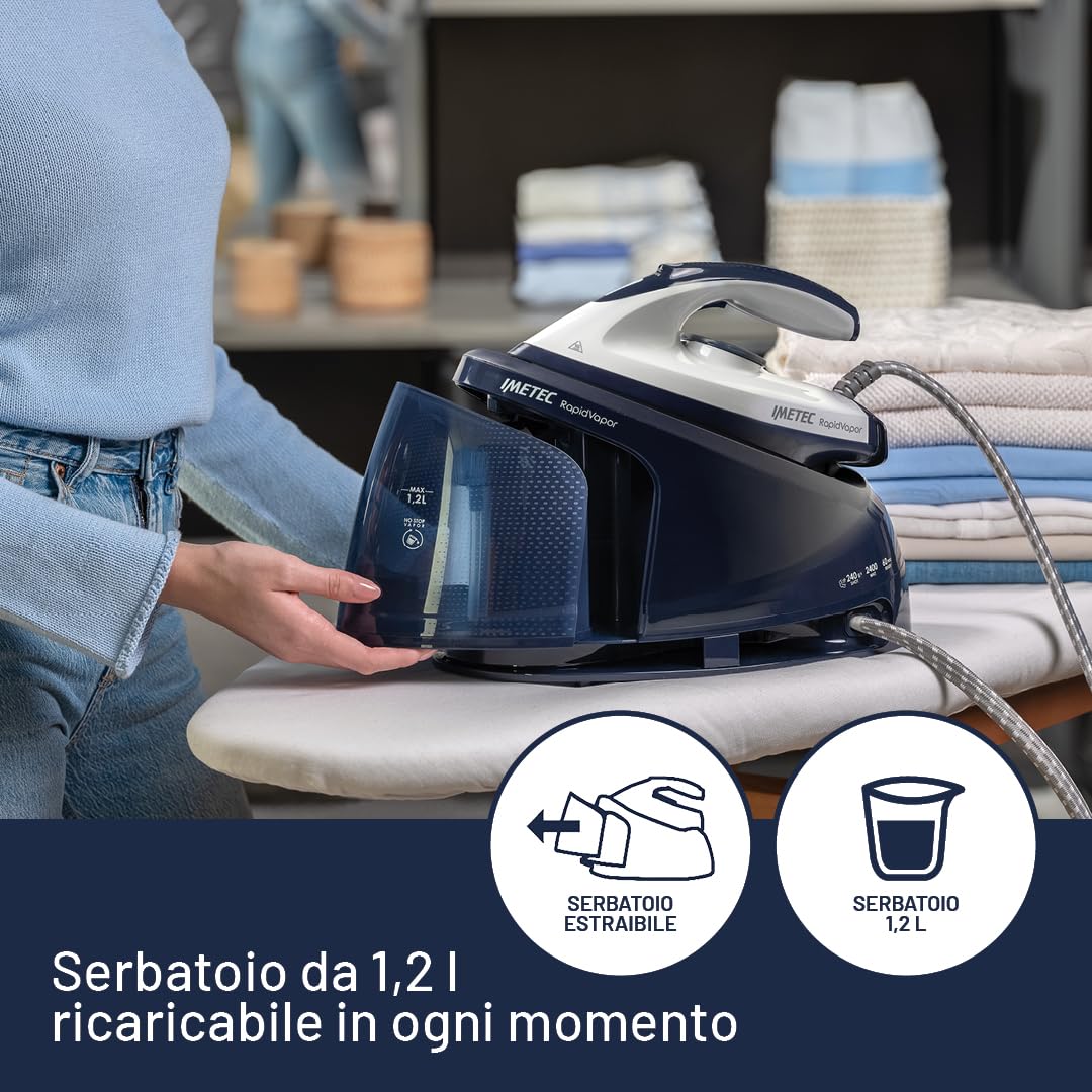 Imetec Rapidvapor Plus - Ferro da stiro generatore di vapore, pronto in 1 minuto, serbatoio 1,2 L, piastra con rivestimento Fluid Ceramic, colpo vapore da 300 g pressione della pompa di 5,5 bar