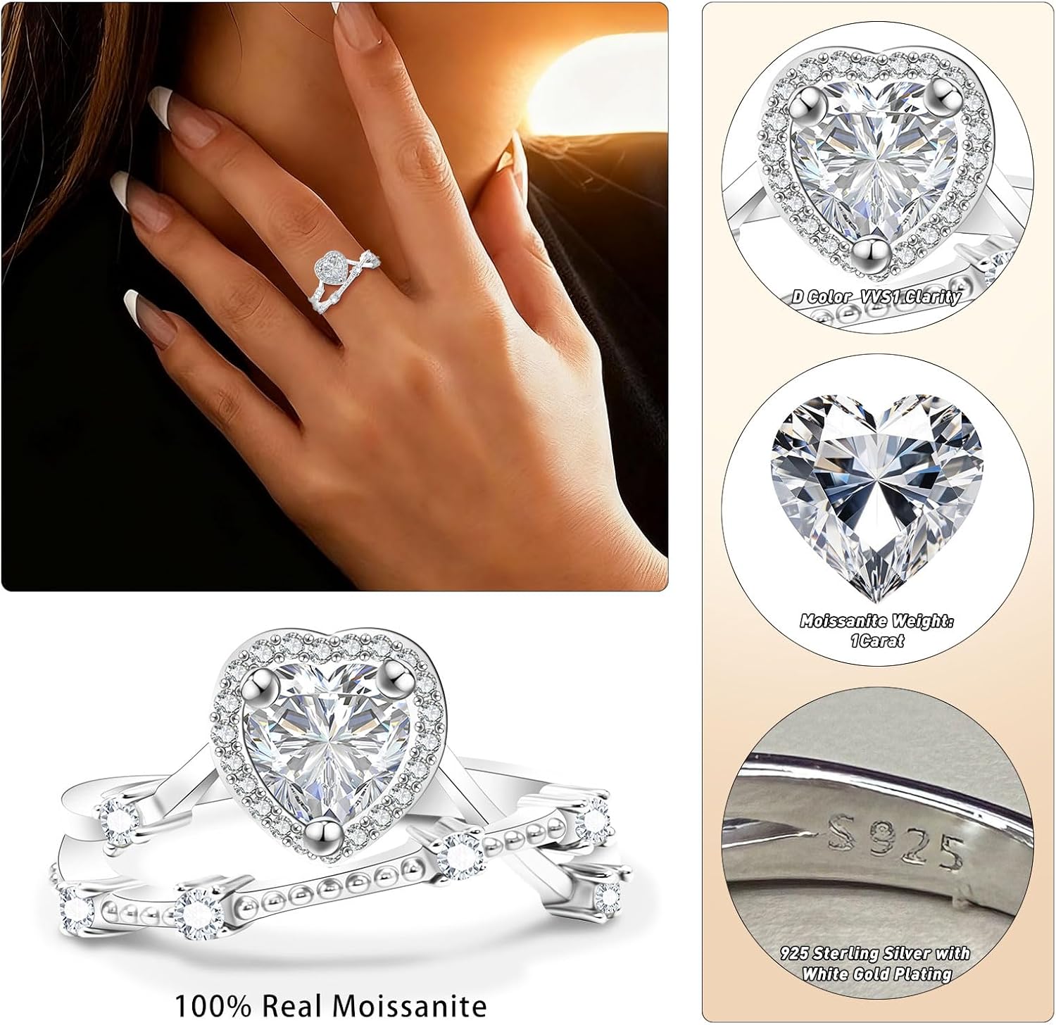 Moissanite Wedding Band for Women 925 Sterling Silver Wedding Rings 1ct D Color VVS1 Lab Created Half Eternity Anniversary Rings for Her 18K White Gold Plated Size 6-8 - Image 5