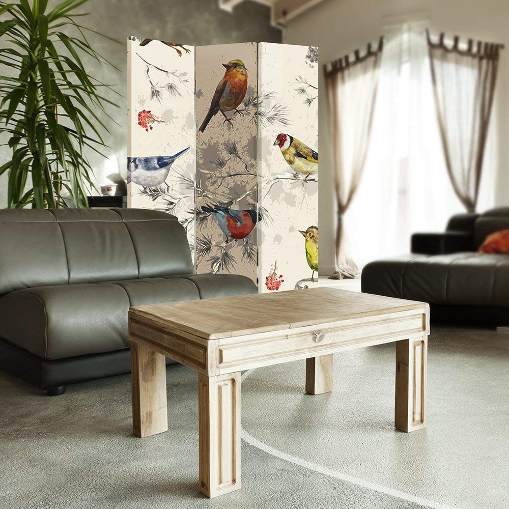 Feeby Paravent Oiseaux Branches 3 Panneaux 110x150 cm Une Seule Côté Cloison de séparation Écran Pliant Interieur Décoratif Mur Espagnol Impression sur Toile Chambre d'enfant Salon Bureau Beige