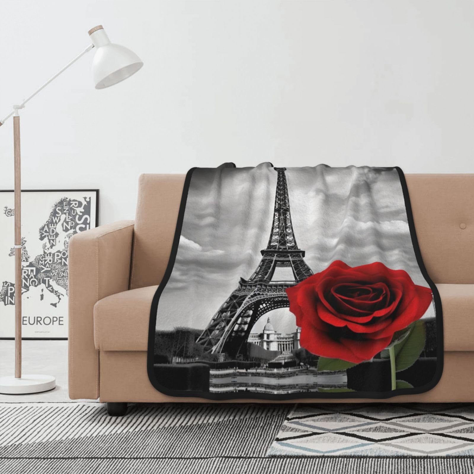 Couverture polaire tour Eiffel rose et rouge en flanelle 102x127 cm pour lit et canapé