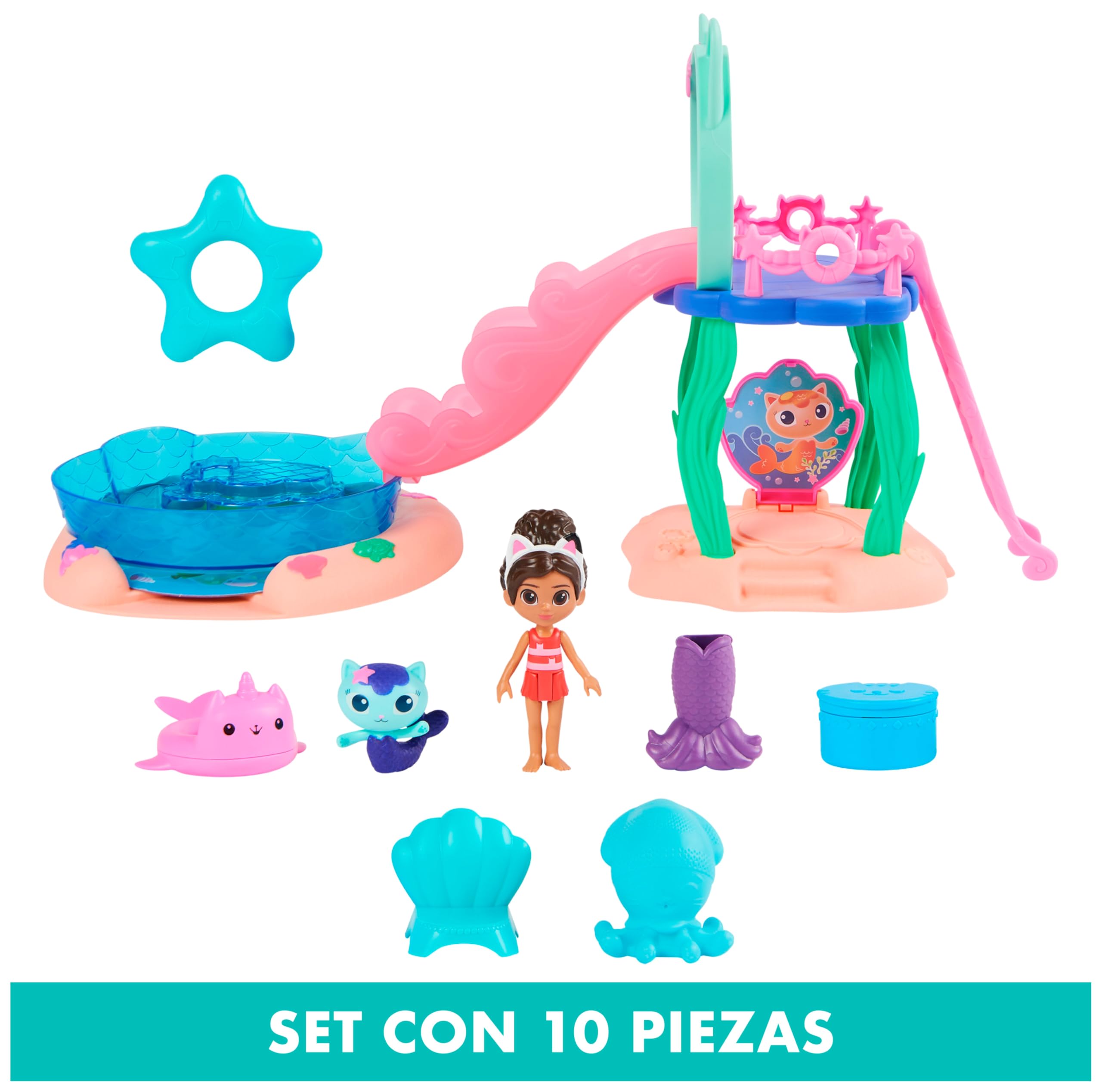 LA CASA DE MUÑECAS DE GABBY - Piscina con Figura de Gabby y Siregata, Colas de Sirena que Cambian de Color y Accesorios de Piscina - 6067878 - Juguetes Niñas 3 Años + Regalo Niña 3 años +