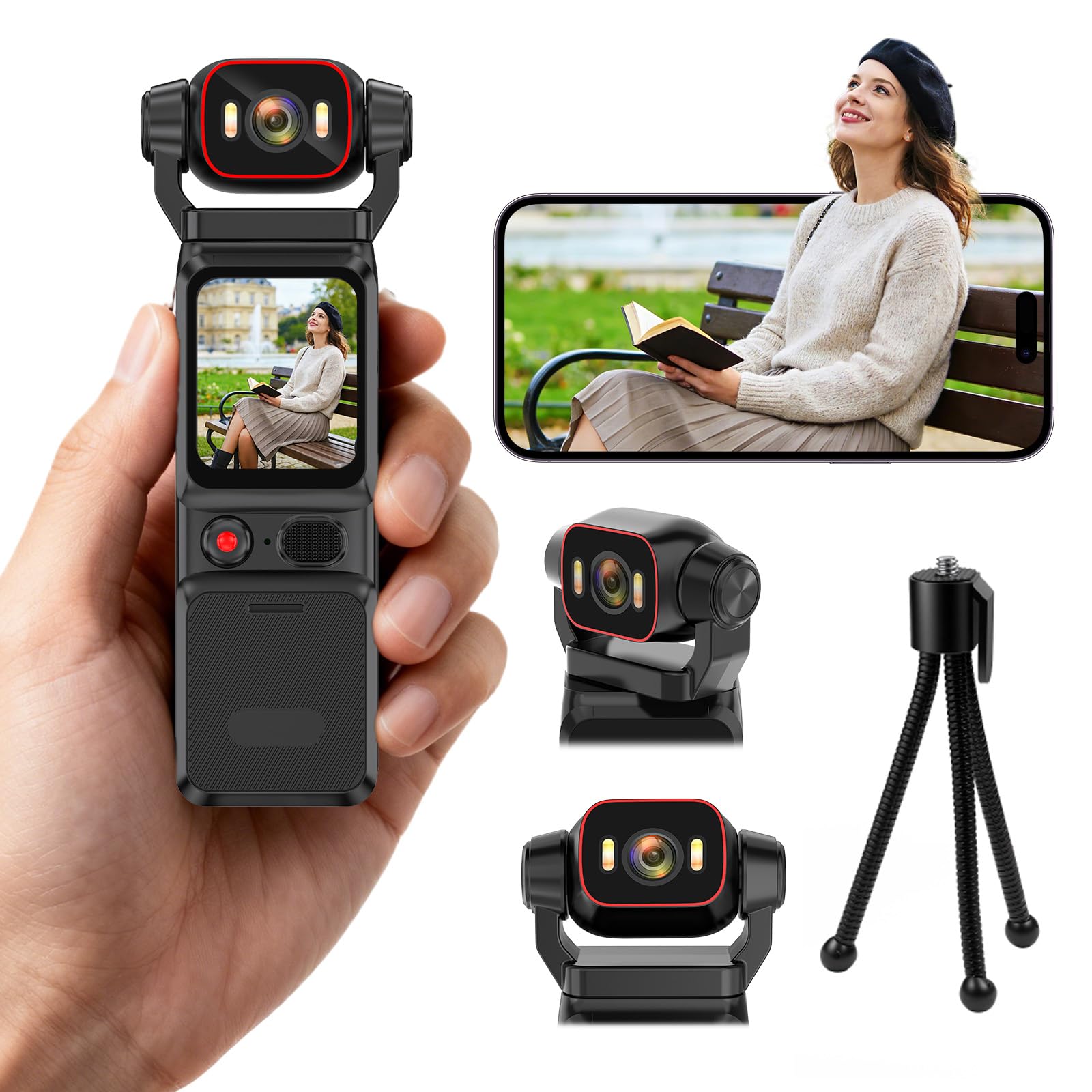 Caméra Vlog 4K Stabilisation 6 Axes WiFi Grand Angle, Moovora | Batterie 5h, objectif orientable 160°, LED intégrée, 256GB SD, écran