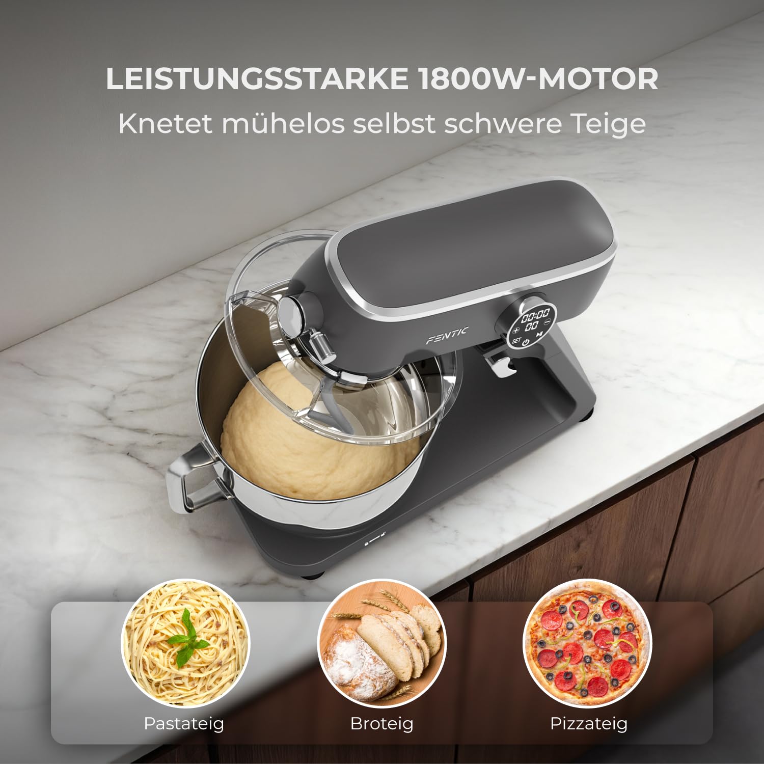 Küchenmaschine 1800W, 7L Edelstahl-Rührschüssel, Knetmaschine für Brotteig & Pizzateig, Planetenrührwerk, 10 Stufen mit Timer, Knethaken, Rührbesen, Schneebesen & Spritzschutz
