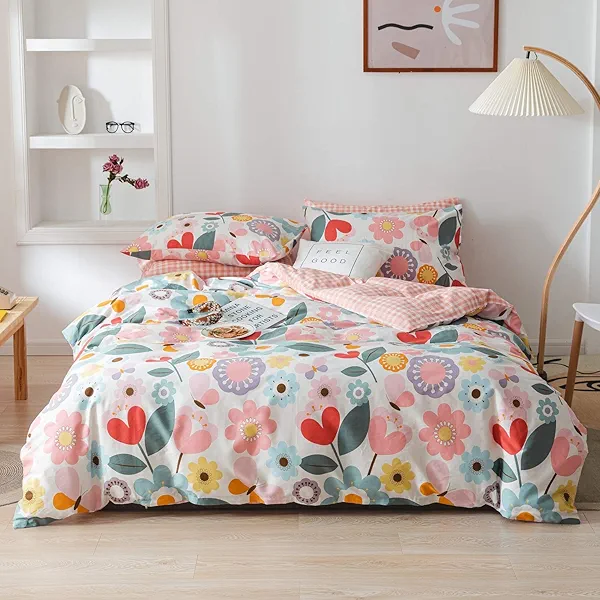 Queen Floral Comforter Set 3 Pieces Soft Cotton Bedding Comforter Set Garden Style Blue Red Floral Botanical Flower Comforter for All Seasons 1 Comforter and 2 Pillowcases (Floral, Queen)