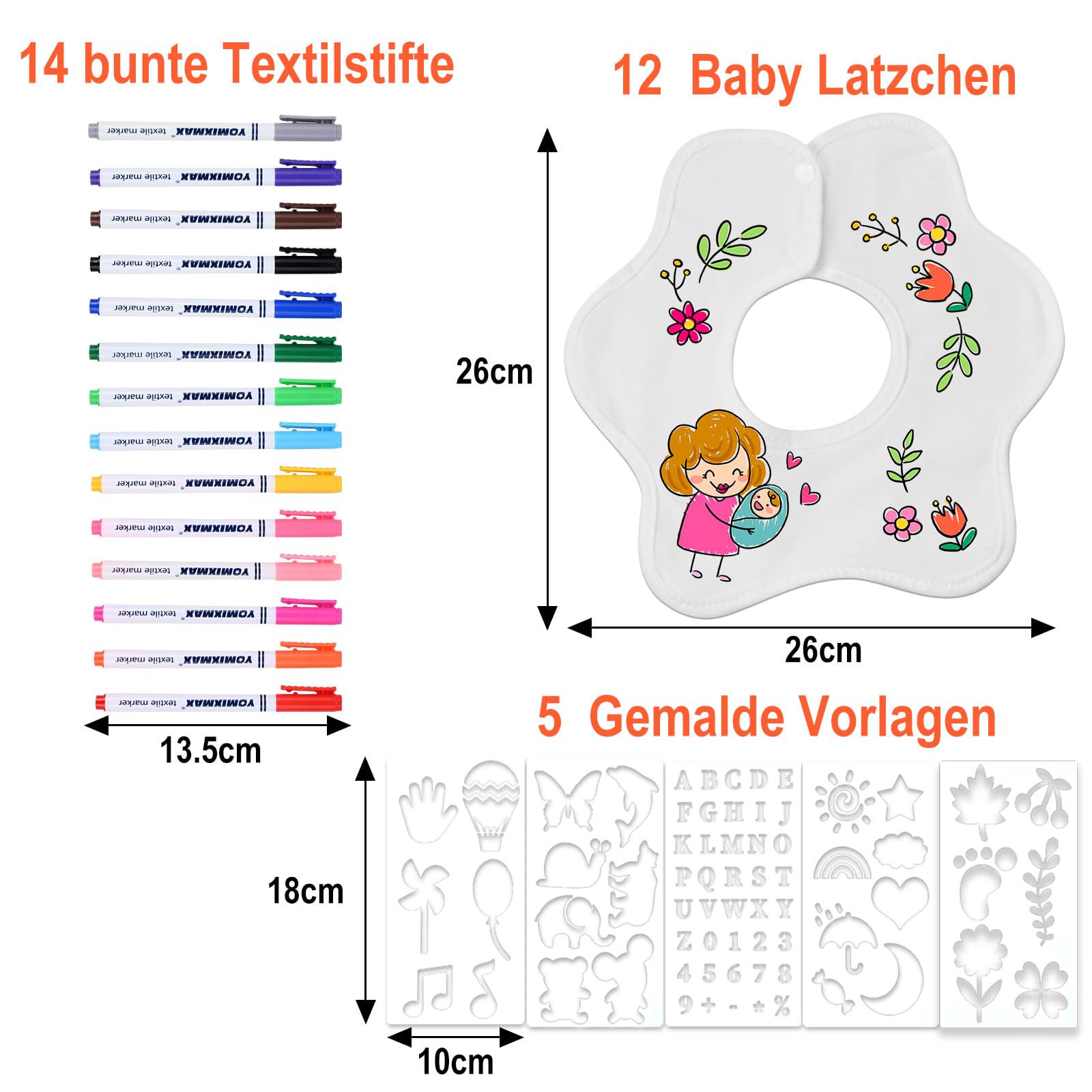 Faburo Pack of 12 Bibs for Painting 26 x 26 cm Bibs Painting for Baby Shower Games Flower Shaped Bibs with 14 Textile Pens and 5 Stencils for Baby Shower Decoration Baby Shower Gender Reveal Gift - Image 2