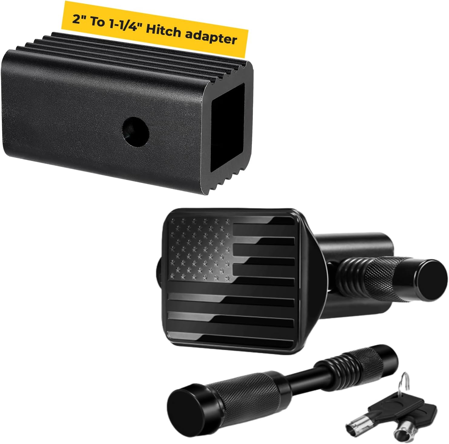 BougeRV Bundle Items: 2 Inch American Flag Hitch Cover with Lock and 2 to 1.25 Inches Hitch Adapter