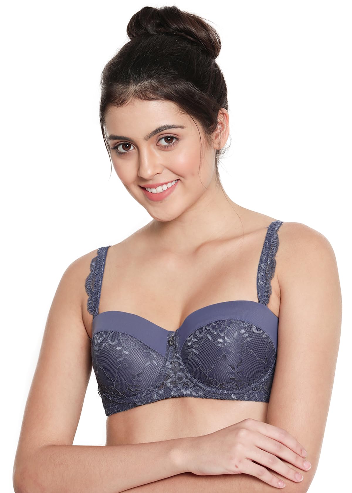 susie by Shyaway Women's Jacaranda Blue Half Lace Cup Padded Wired Balconette Bra (Pack of 1)-picture-9