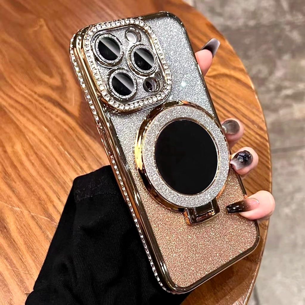 Magnetic Glitter Case for iPhone 16/16 Plus/16 Pro /16 Pro Max,Bling Camera Lens Protector,Sparkly Stand,Mirror,MagSafe Compatibility, Luxury Gradient Phone Case (Gold, iPhone 16 Pro Max)