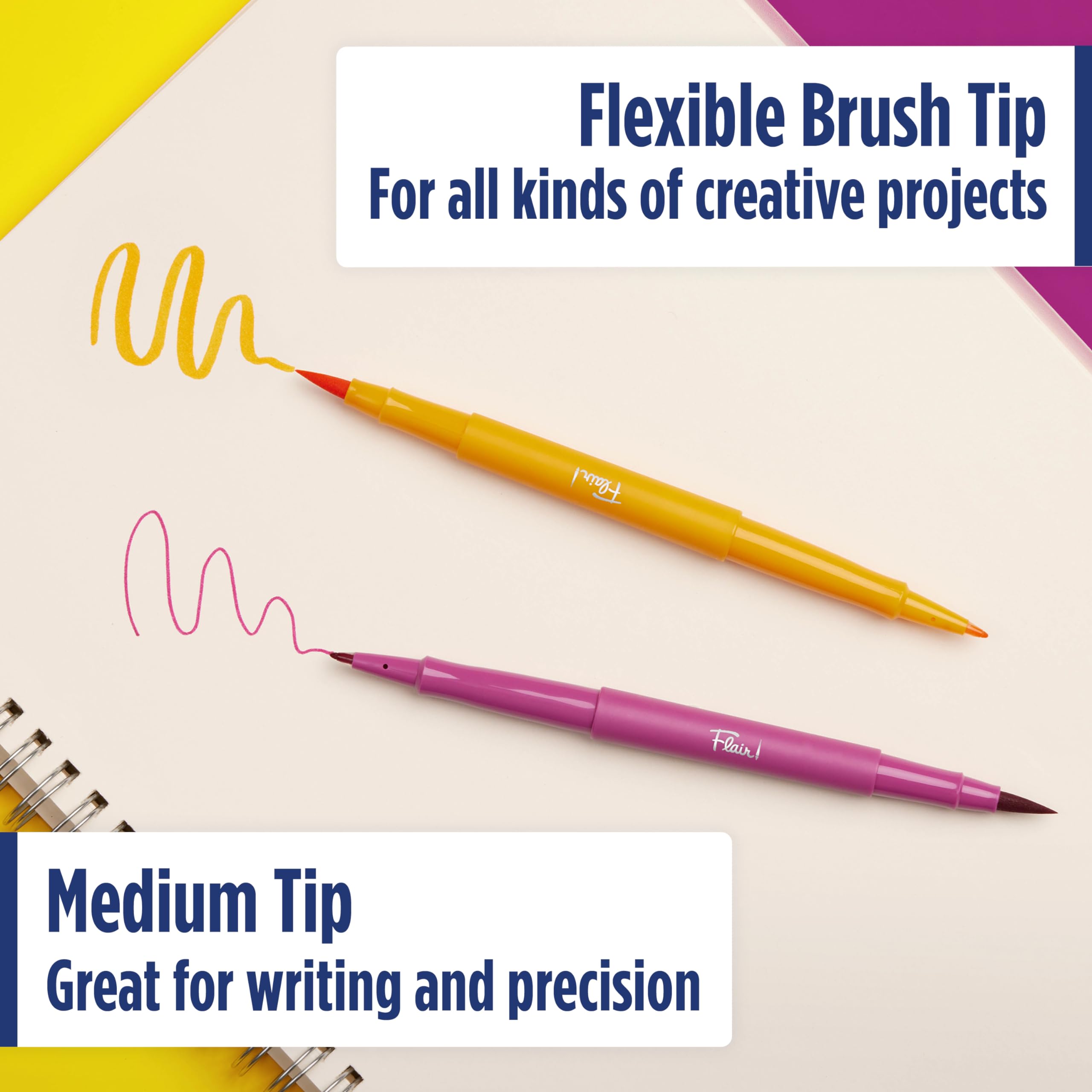 Paper Mate Flair DUAL Felt Tip Pens | Brush and Medium Tips (0.7mm) | Double Ended Colouring Pens | Assorted Colours | 8 Count - Image 2