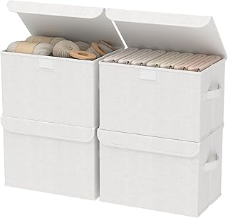 GUOHNHE XSNY12WS-4 Storage Box with Lid, Foldable Boxes Storage, Wardrobe Organiser with 2 Fabric Handles, for Bedroom, Clothes Storage, Pack of 4, White, 26 x 20 x 17 cm
