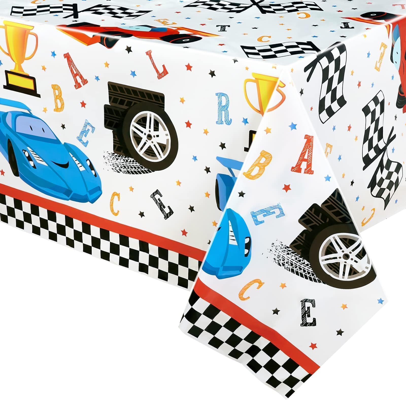 WERNNSAI Racing Car Tablecloth - 108" x 54" Disposable Plastic Rectangular Checkered Table Covers for Kids Birthday Game Sports Events Race Car Party Supplies