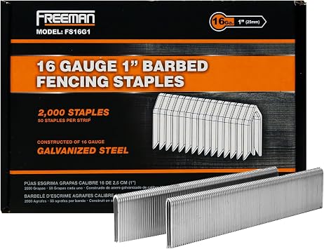 Freeman 16-Gauge Fencing Staples | 1 | Glue Collated | Galvanized Steel | 2000 Count | Indoor and Outdoor | Livestock Fencing, Pet Enclosures, Heavy Mesh, Deer Prevention, and Farming | FS16G1