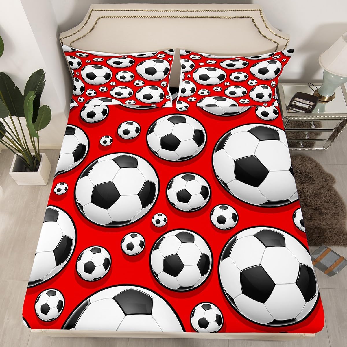 Football Bedding Sheet for Girls Boys Children Sports Theme Fitted Sheet Soccer Ball Red Pattern Bed Sheet Set Room Decor Competitive Games Comforter Cover 3D America Football Twin Size 2Pcs