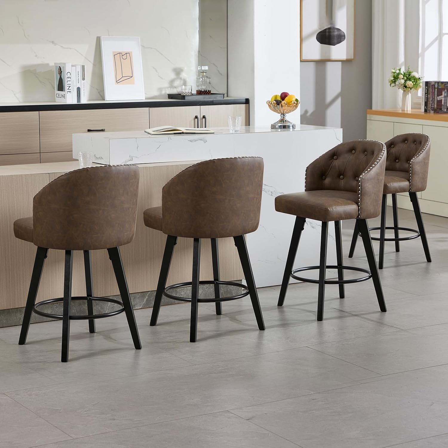 Swivel Bar Stools Set of 2, 25" Counter Height Bar Stools with Faux Leather Upholstery, Tufted Back & Nailhead Trim, Wooden Legs with Footrest, Modern Barstools for Kitchen Island, Brown