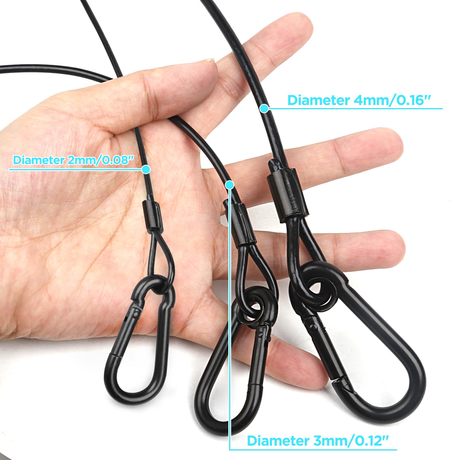 Câble Noir de Sécurité avec Boucles (lot de 6), Charge Max 25kg, pour Éclairage de Scène, Suspendus sur des traverses（diamètre 2mm/0.08in, longueur 30cm/11.82in)