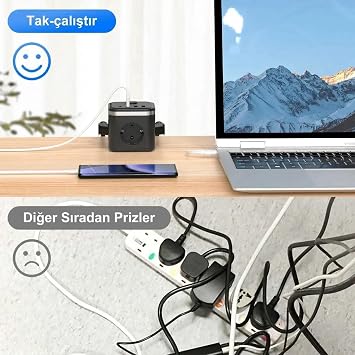 3680W Pro Power 2xType-C ve 2x USB Girişli Anahtarlı 3lü Çoğaltıcı Küp 2mt Kablolu Priz