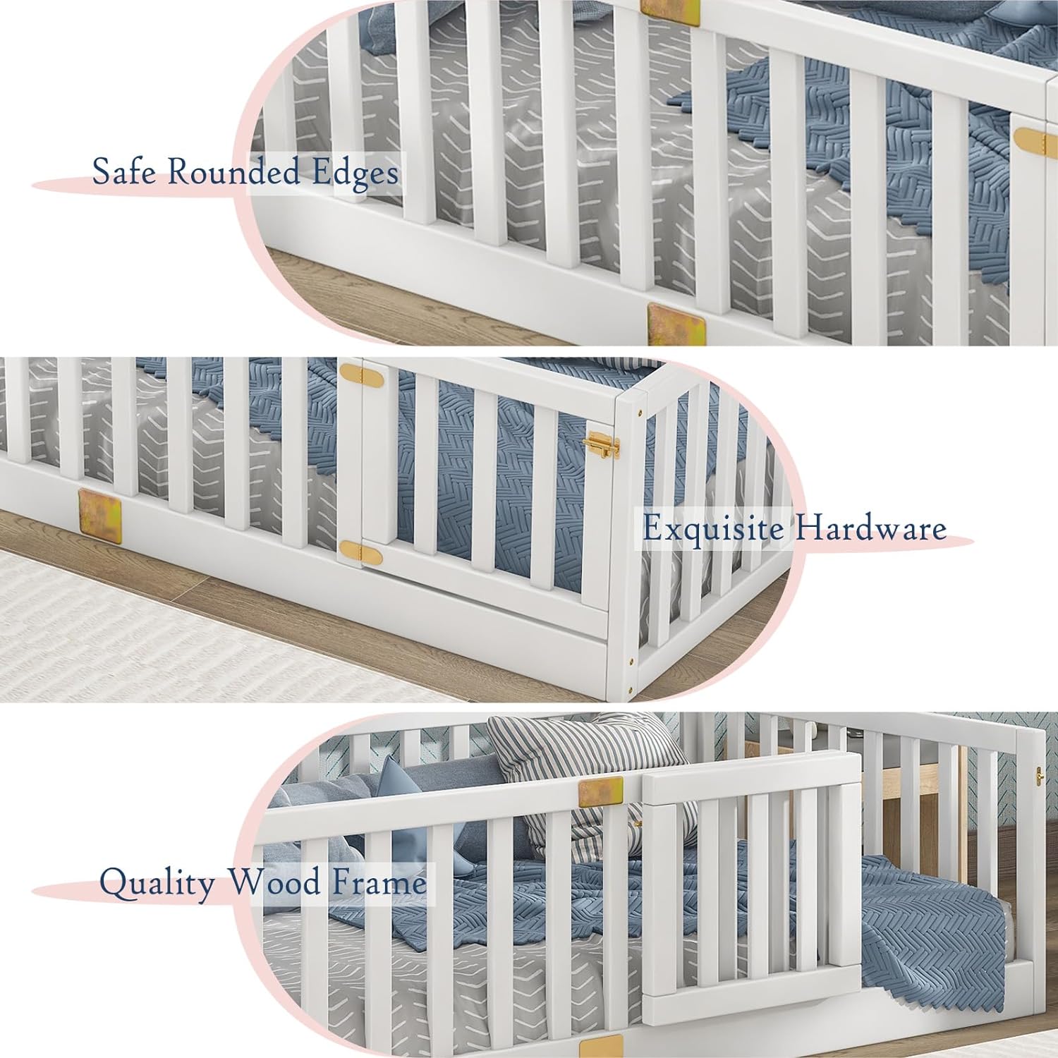 Close-up images highlighting the safe rounded edges, exquisite hardware, and quality wood frame of the Tatub Montessori Floor Bed.