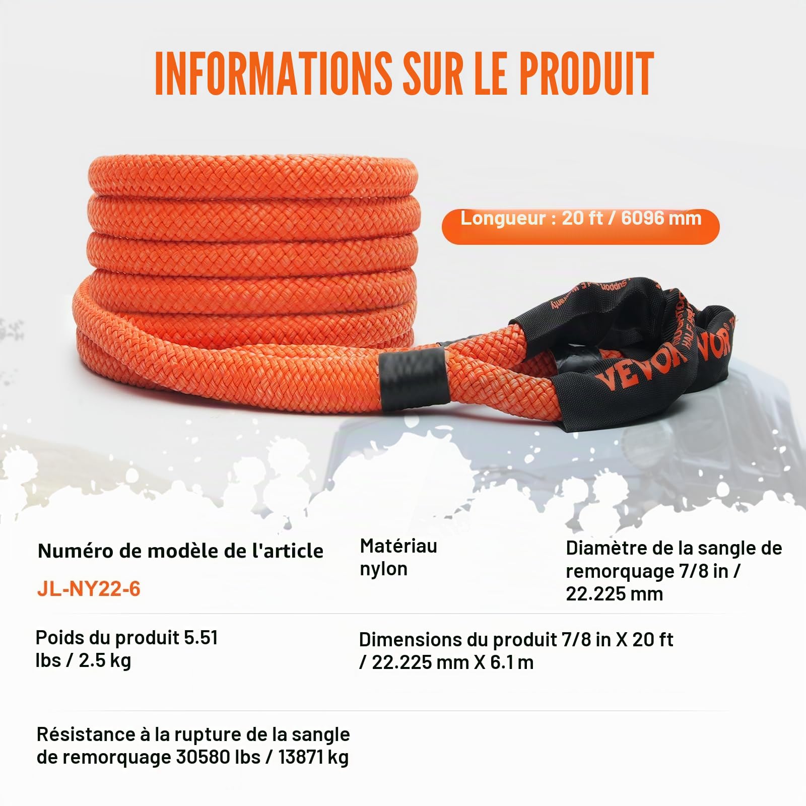 VEVOR Corde de remorquage de récupération cinétique, 22,225 mm x 6,1 m, Sangle d'arrachage Robuste Tout-Terrain, 13871 kg, énergie résistante à 30% d'élasticité pour Jeep Voiture Camion ATV UTV SUV