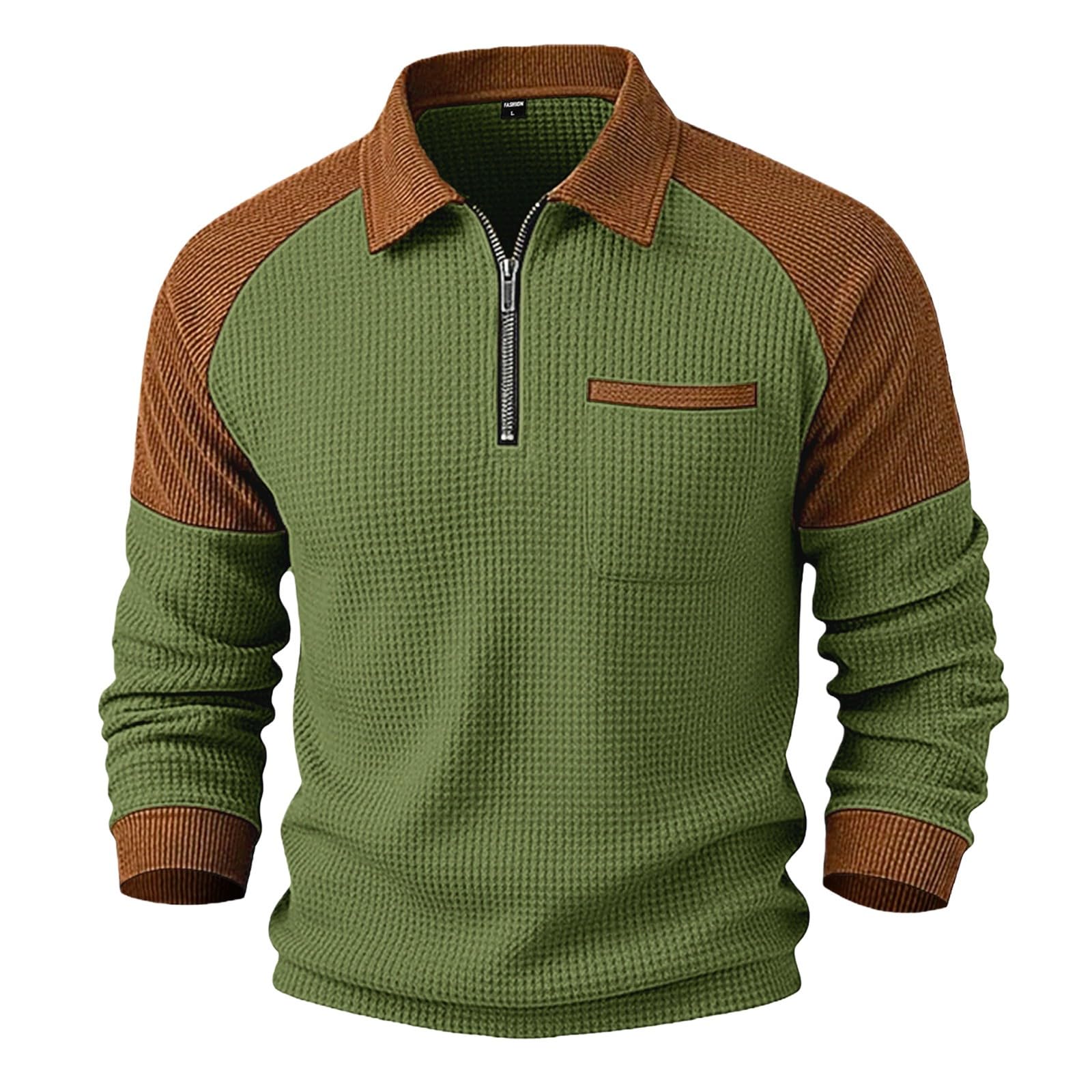 Polohemd Herren mit Waffel Karierten Freizeithemd Golfshirt mit Brusttasche 1/4 Reißverschluss Vintage Poloshirt für Männer Classic Elegant Langarmhemd