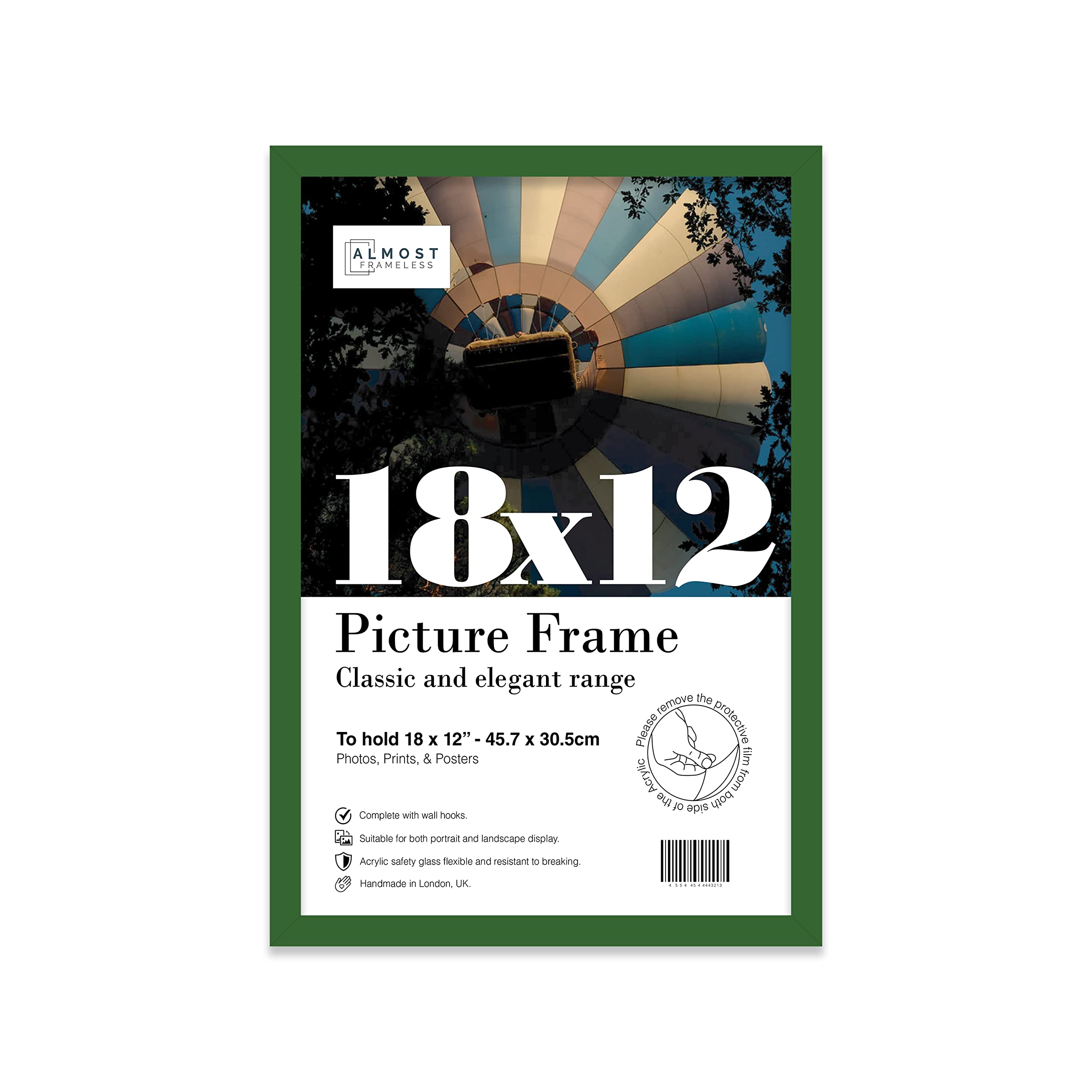 Almost Frameless Green Photo Frame 18X12 Inch Wall Mountable Picture Frame Standard Photograph Size, 18" X 12" (46 X 31Cm)