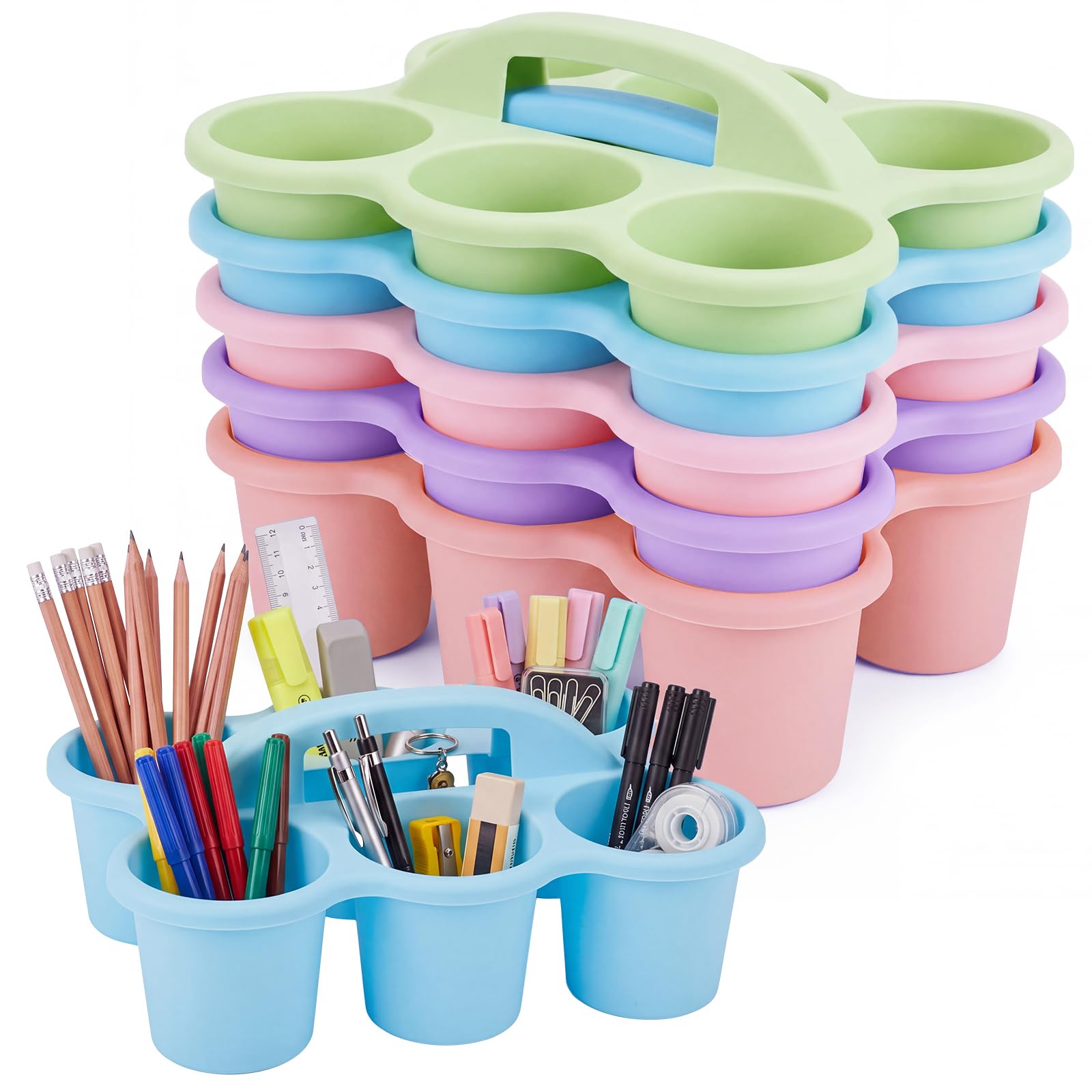 Confezione da 5 contenitori in plastica con manico, 30,5 x 22,9 x 12,7 cm, 6 scomparti, per scuola, tavolo, pastelli, matite, pennarelli, forbici, 5 colori