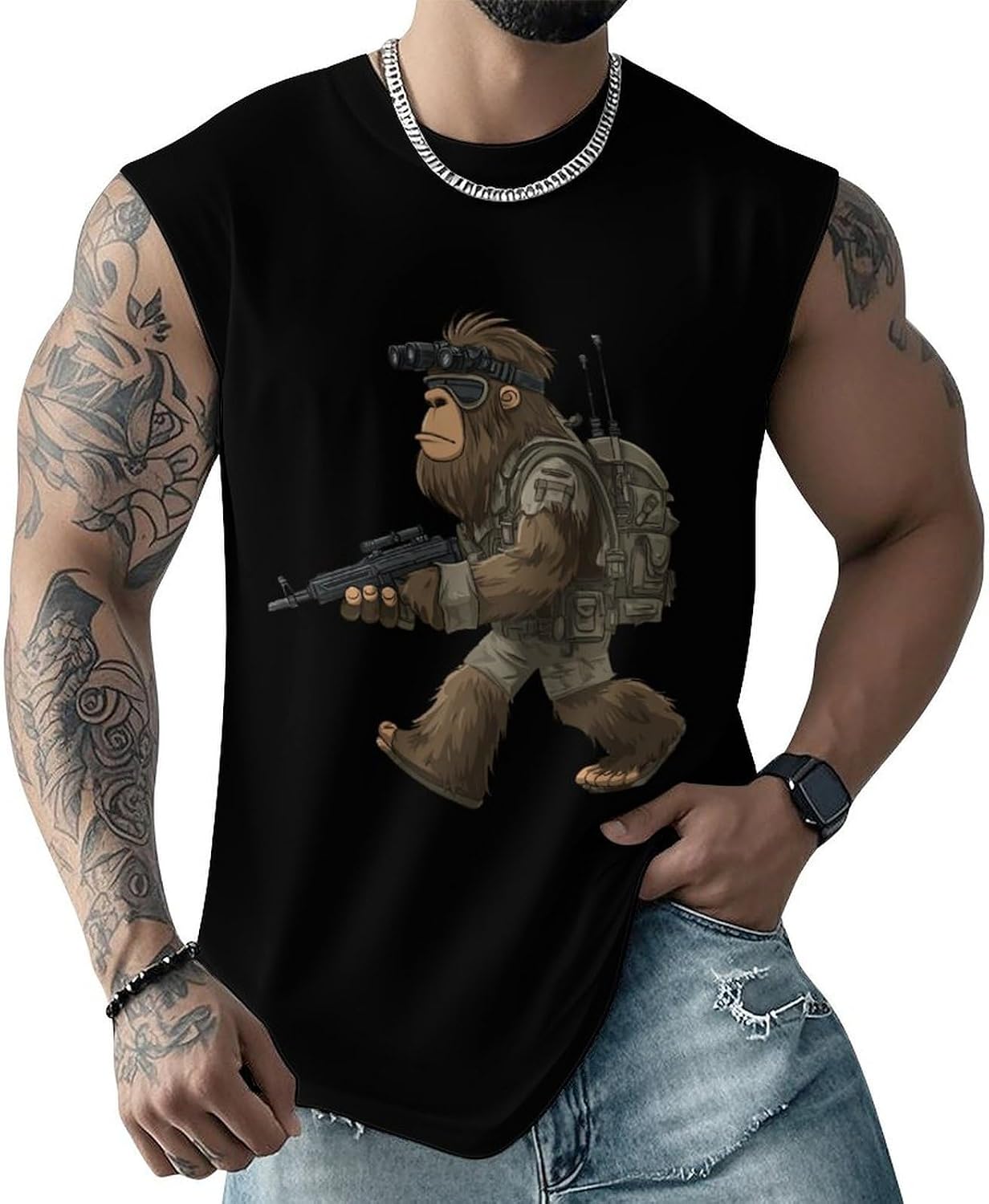 Bigfoot Sasquatch Soldier Men Summer Sleeveless Crew Neck Top 5XL