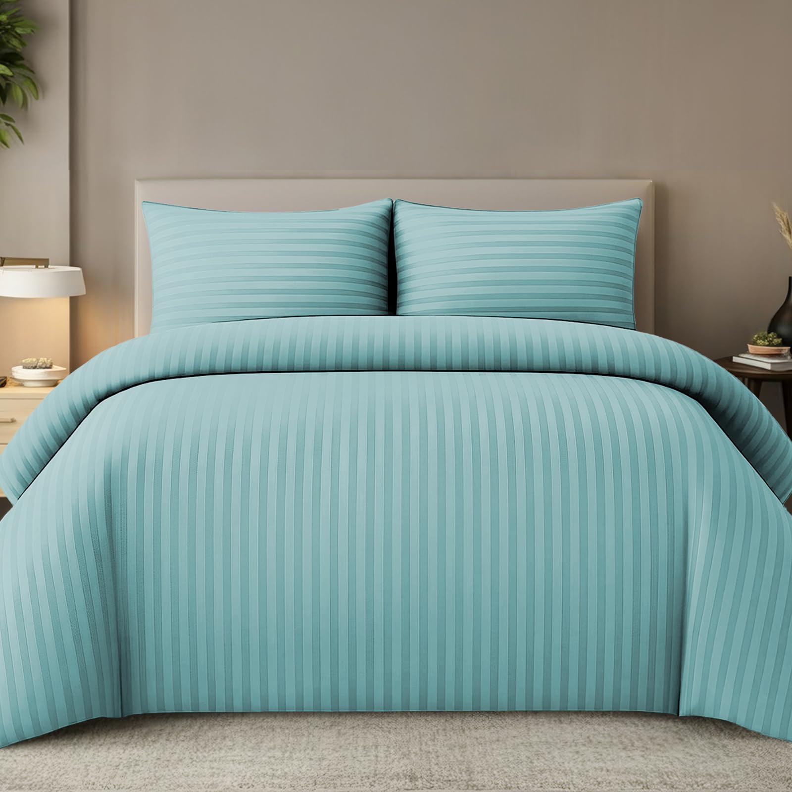 Pamposh Satin Stripe Double Duvet Set - Premium Hotel Quality Quilt Cover Bedding Sets - Hypoallergenic Ultra Soft Microfiber Bed Linen