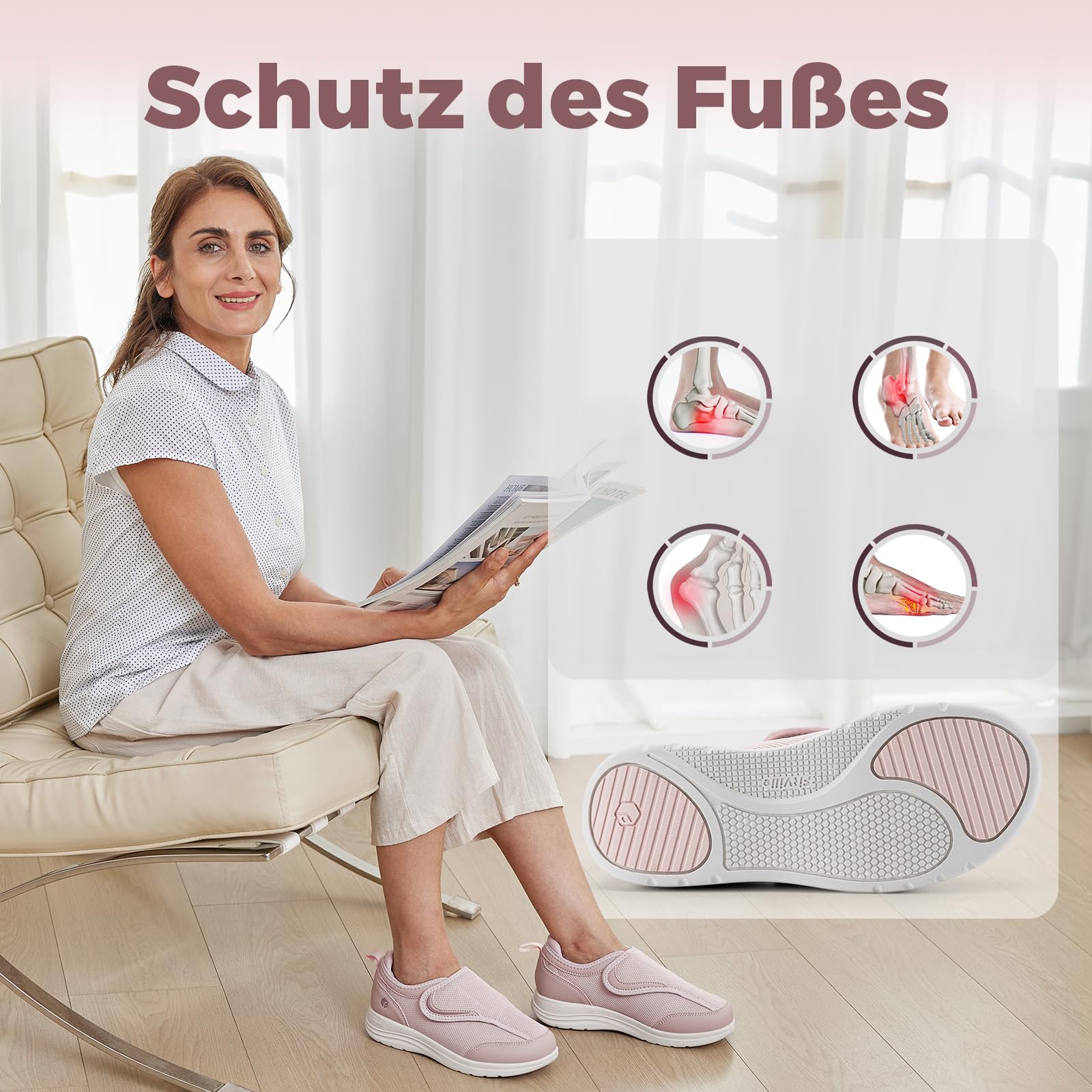 FitVille Extra Weit Senioren Hausschuhe Damen Gesundheitsschuhe mit Klettverschluss Bequeme Sneaker Verbandsschuhe mit Fußgewölbestütze Gr.35.5-42.5