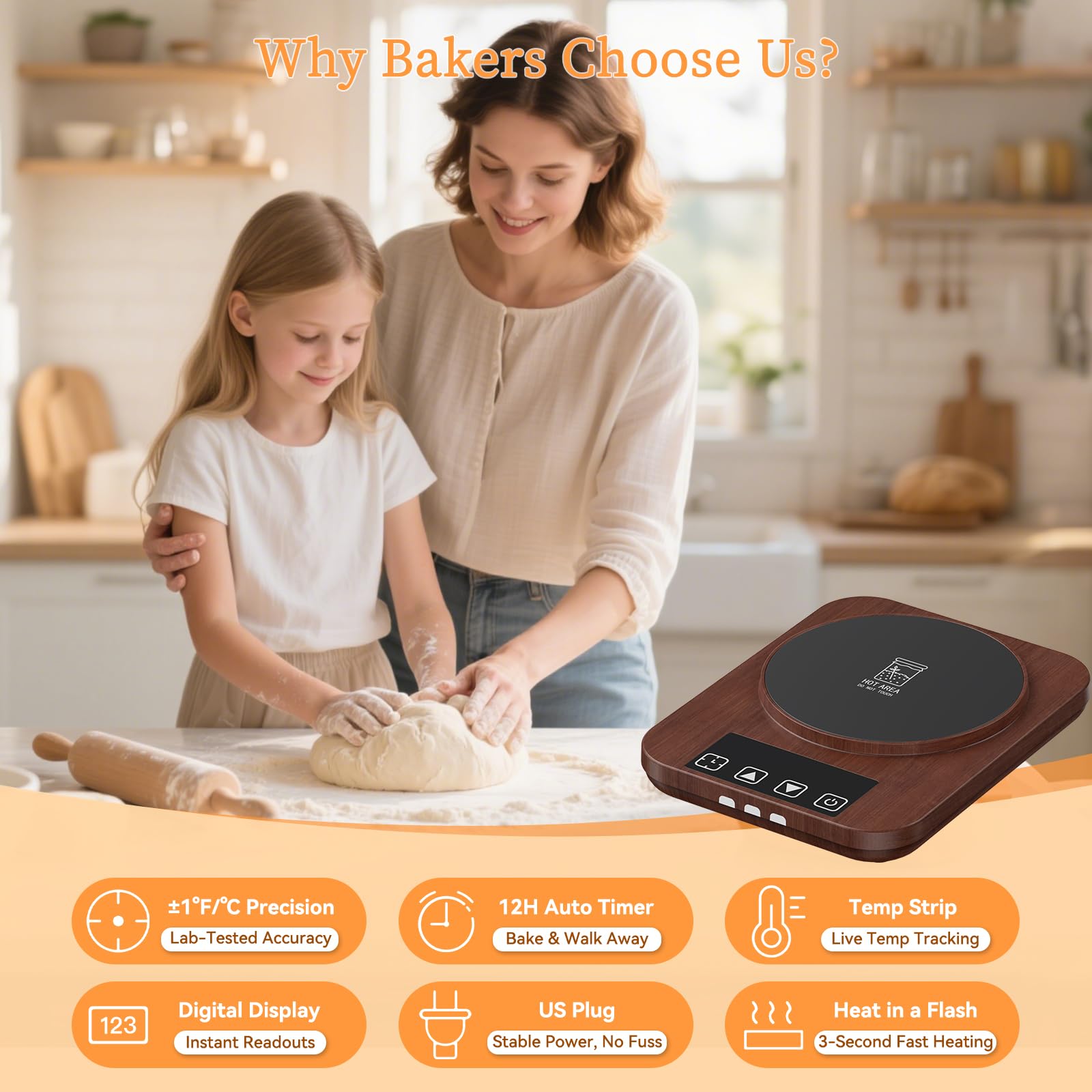 JawJuly Sourdough Starter Warmer (70-100°F), 1°F Adjustable Sourdough Warming Mat, Waterproof Thermometer Strip, 12H Timer & Auto Shutoff, Safe for Home Bakers & Beginners (US Plug) - Wood Grain