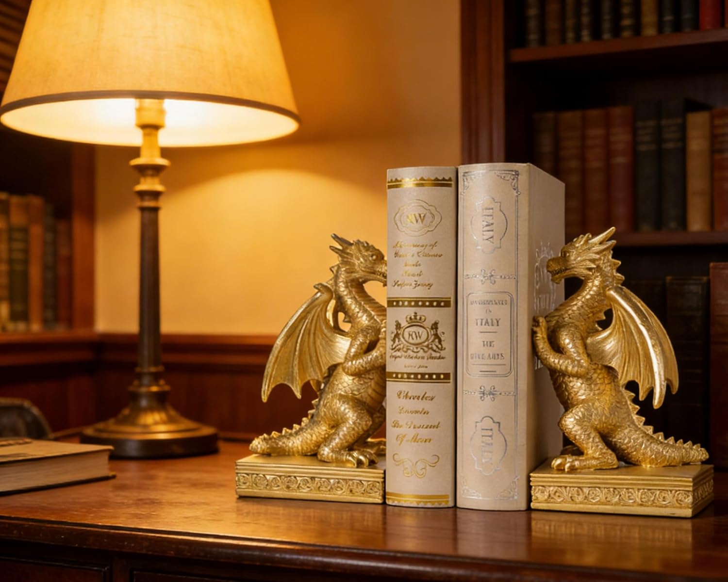 Dragon Statue Decorative Bookends for Shelves, Regal Gold Dragon Statue Home Office Decoration, Fantasy Dragon Figurine Enthusiasts Gifts - Image 5