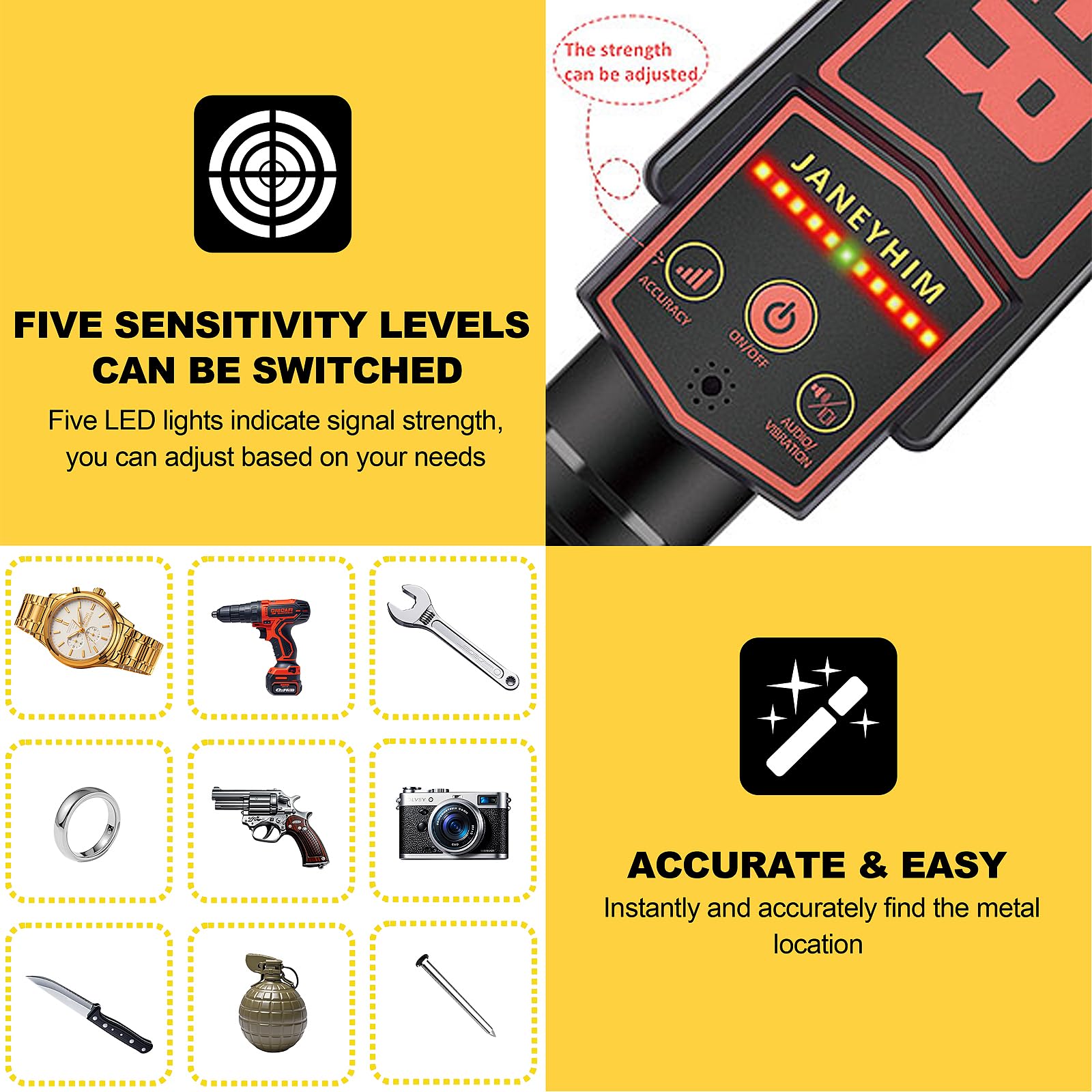 Metal detector portatile con bacchetta di sicurezza, bacchetta di sicurezza ad alta sensibilità, rilevatore di unghie, bacchetta per la lavorazione del legno (batteria integrata, con linea di