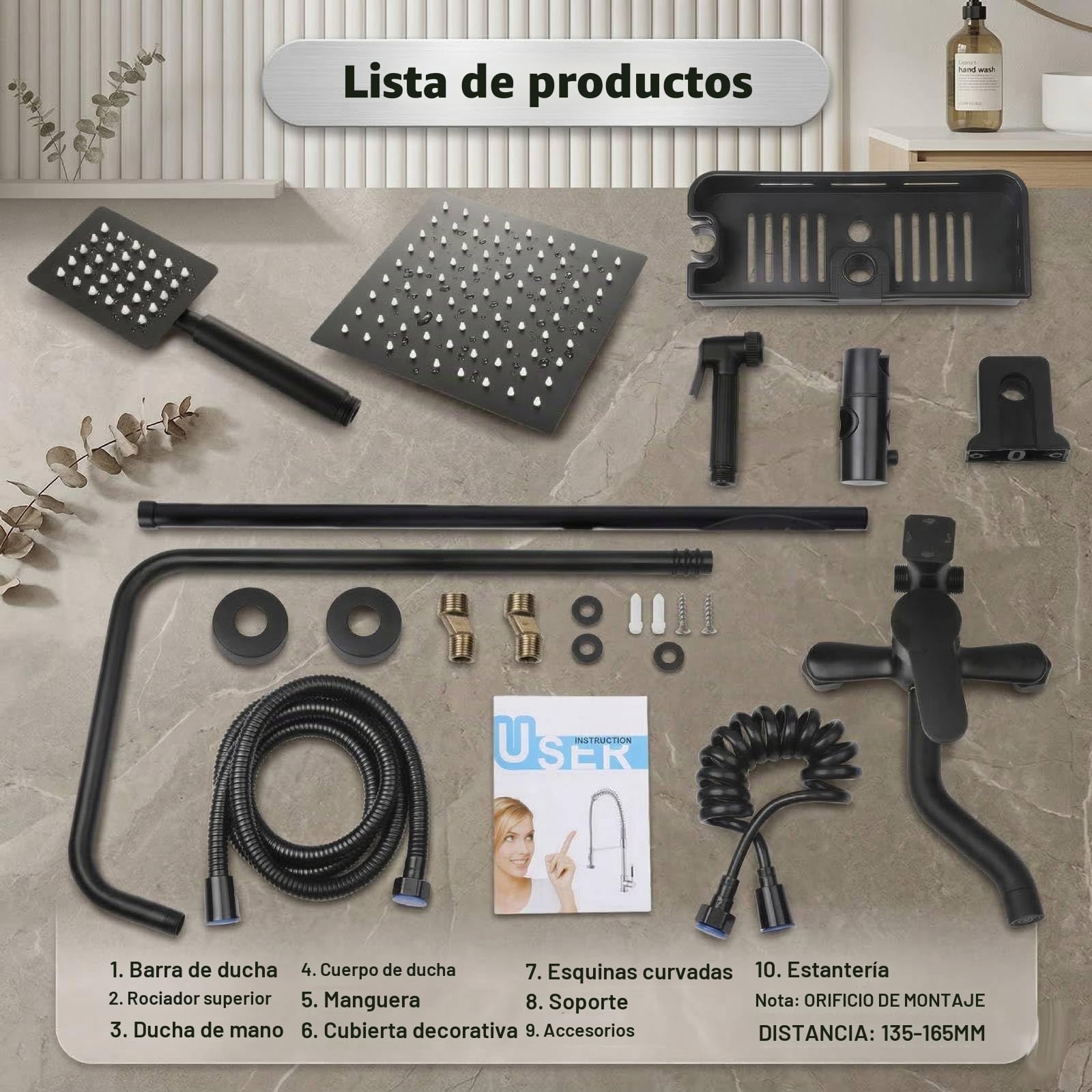 4 Modos Columna de Ducha con Grifo, Acero inoxidable Rociador superior/Ducha de mano, Lluvia Columna de Baño Multifuncional Altura Ajustable 72-115cm