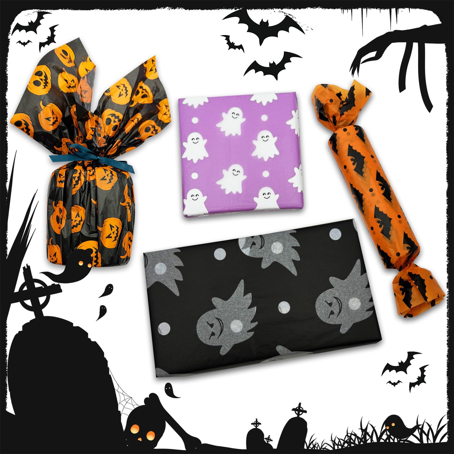 SANNIX 100 fogli di carta velina per Halloween, colore nero, arancione, confezione regalo sfuso, per Halloween, confezioni regalo, fantasma