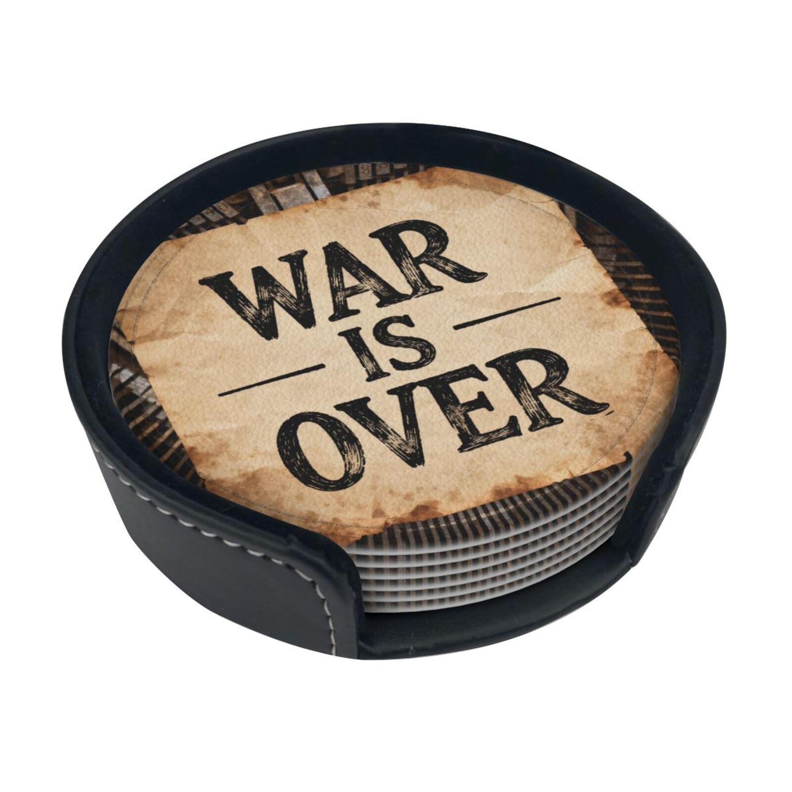 Cntdbu White War Is Over Leather Coasters Set Of 6-Pu Leather Drink Mats For Table, Heat Resistant Round Coasters With Holder