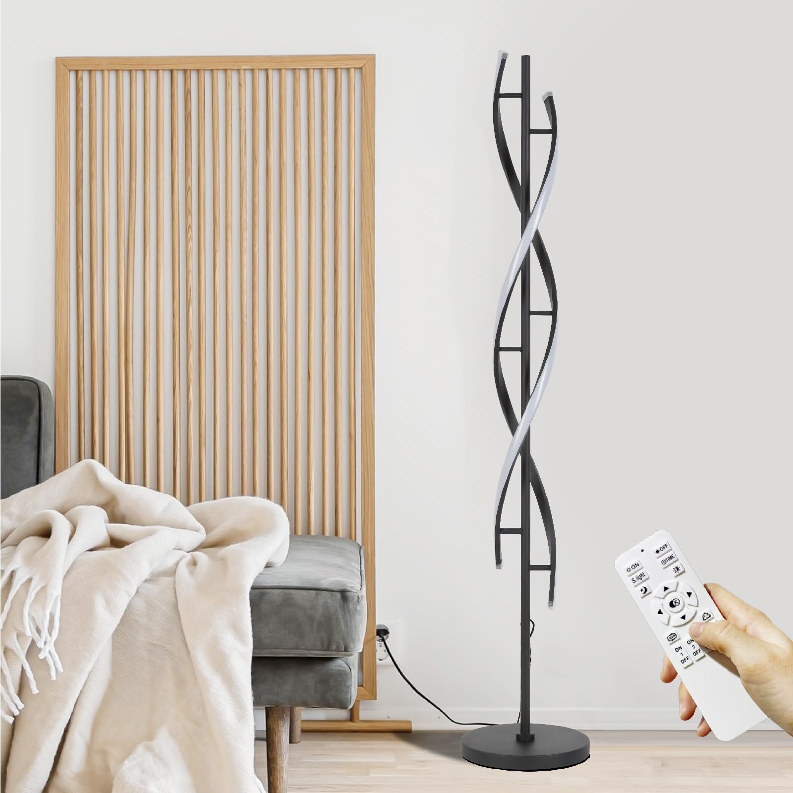 Photo 1 of Vlaikez 61" LED Floor Lamp for Living Room, 40W 3 Colors Stepless Dimmable and Color-Changing Bright Floor Standing Lamp,Unique Spiral Floor Tall Lamp for Bedroom Office with Remote (Black)