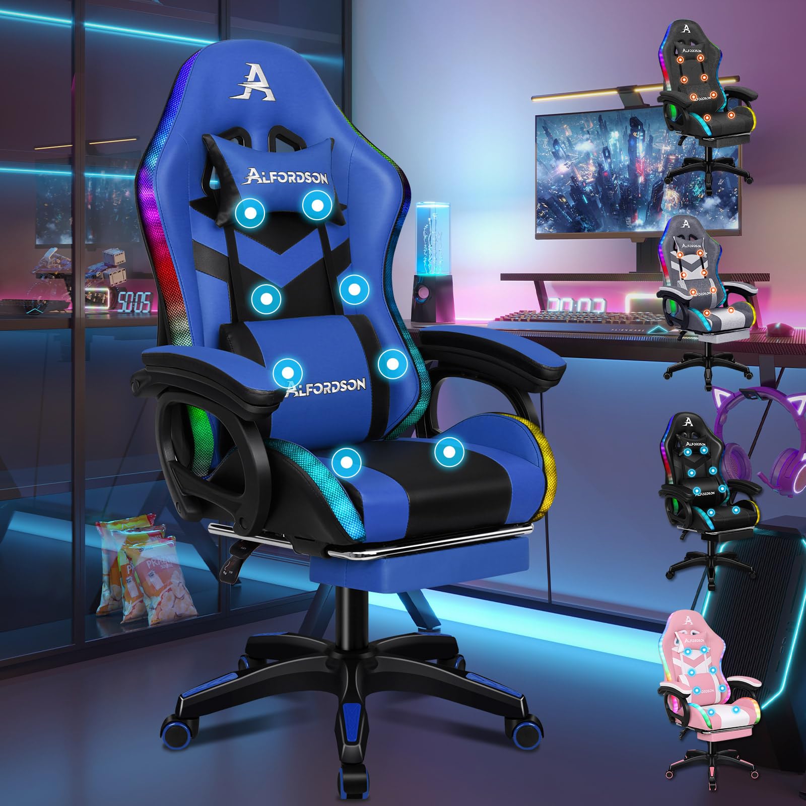 ALFORDSON Silla Gaming Racing, Silla Gamer Masaje con Iluminación RGB de 12 LED de Color, Sillón Ergonómico con Soporte Lumbar, Tumbona con Reposapiés, Cuero PU, Azul