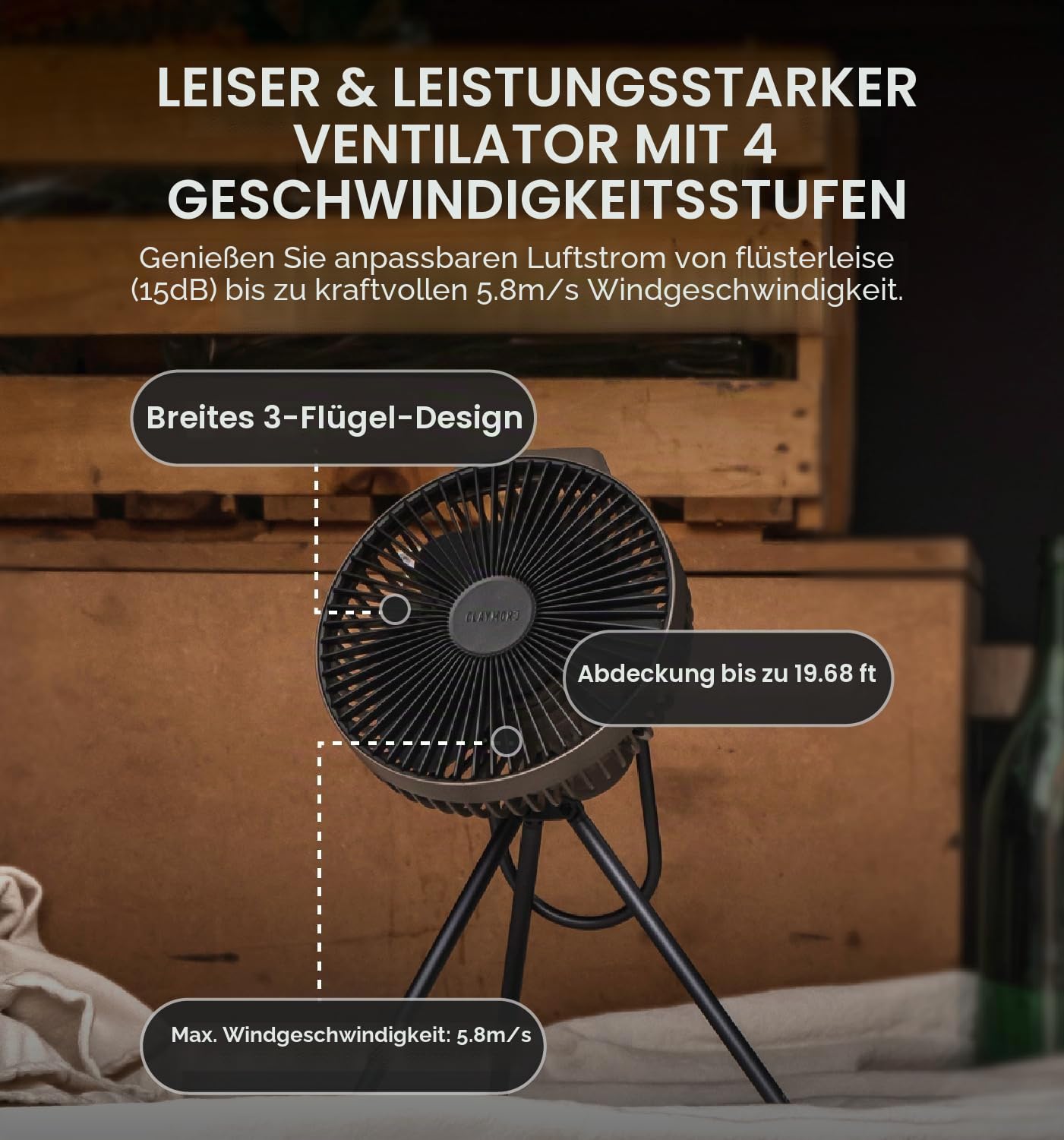 Claymore V600+ Wiederaufladbarer tragbarer Ventilator mit USB Typ C Ladung, modernes minimalistisches Design, stoßfest für Innen und Außenbereich, mit Tragetasche