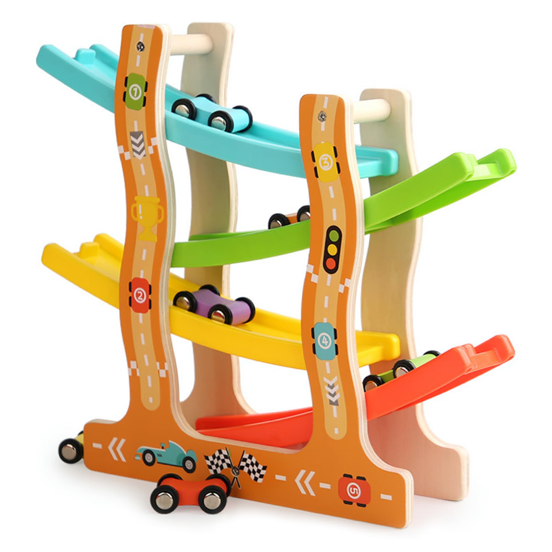 HoveeLuty Car Ramp Toy Fun Secure Wooden Car Ramp with 6 Mini Vehicles Wooden Race Track for Boys Girls Birthday Holiday Presents Toy Toys for Toddlers 1-3 Race Track