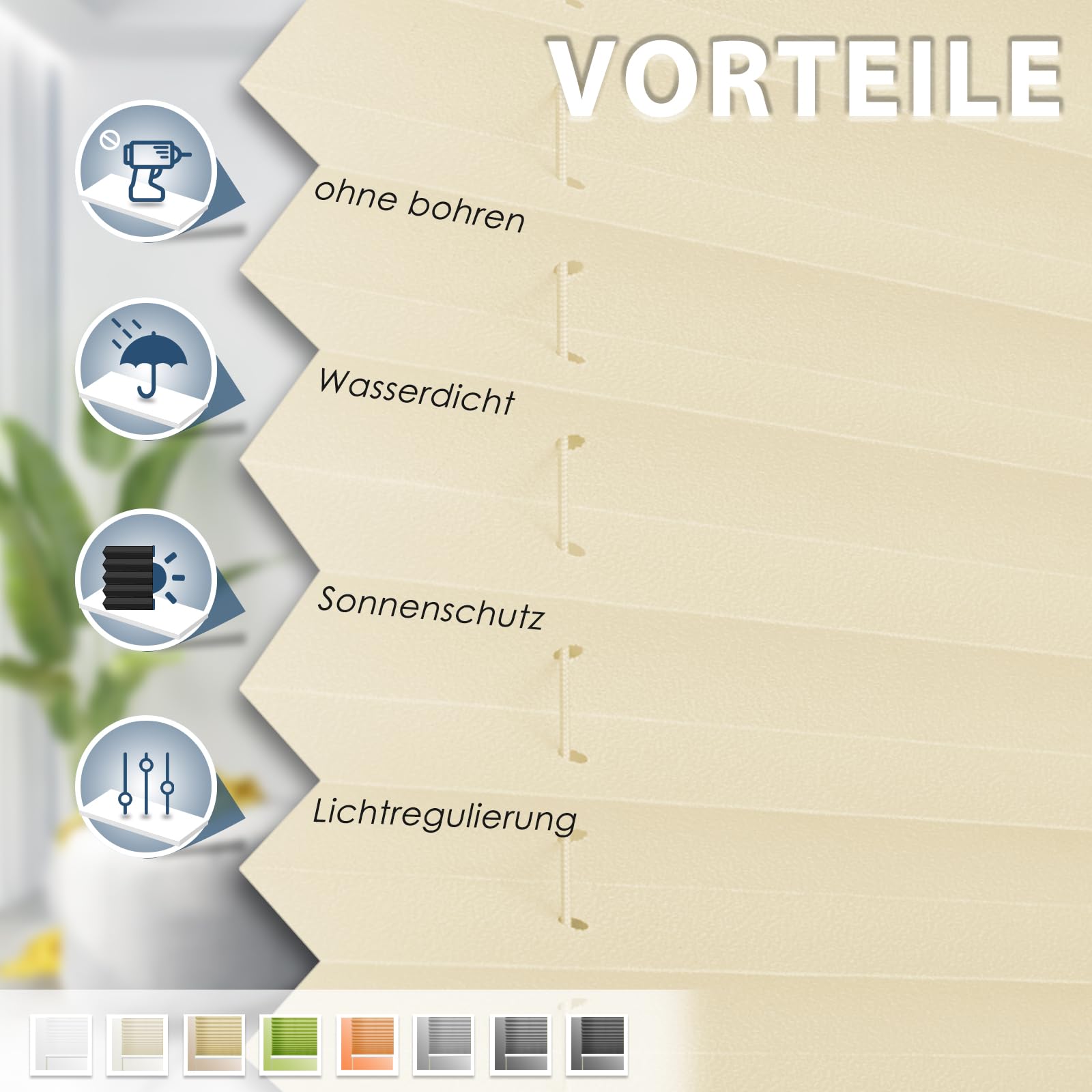Sanfree Plissee Klemmfix Plisseerollo ohne Bohren Creme B85 x H180cm inkl. Klemmträger Blickdicht und lichtdurchlässig Jalousie Faltrollo… – Ansicht 2