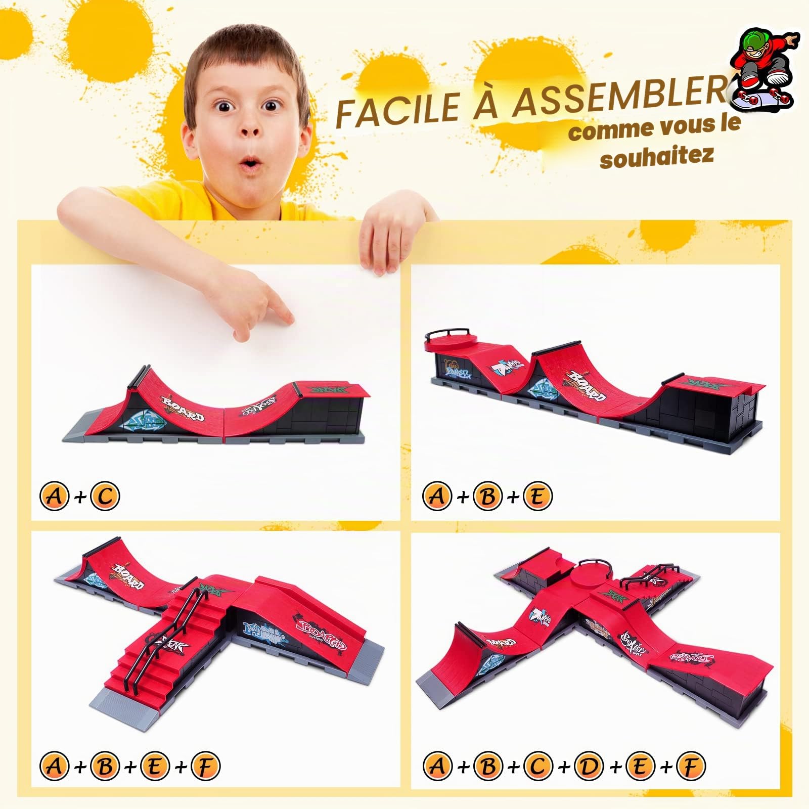 KETIEE Finger Skateboard avec Rampes de Skatepark, Finger Skate Park Kit Rampe de Touche avec Mini Finger Skateboard Mini Fingerboard Parc de Planche à roulettes Jouet Cadeau (1810-6E Upgrade)