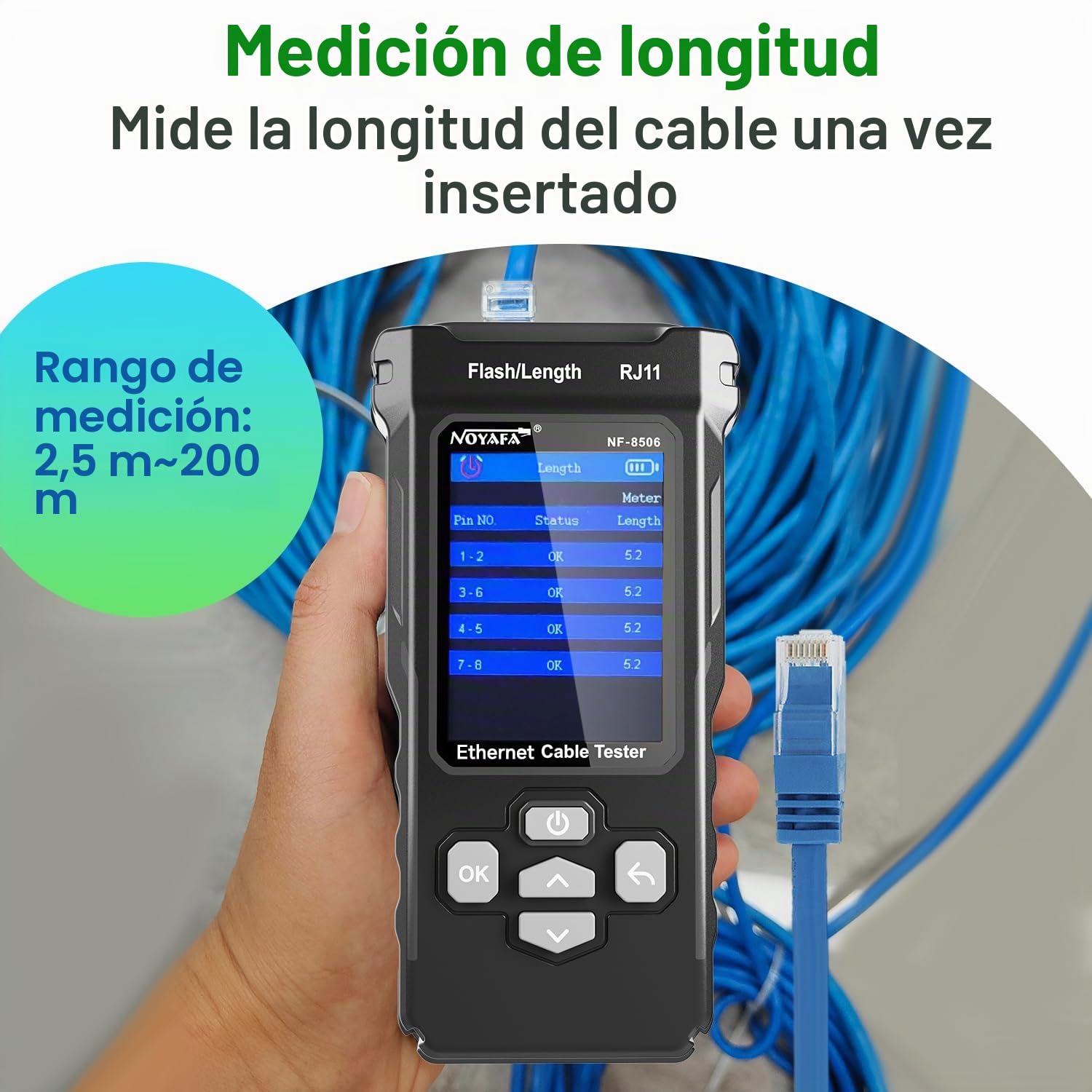 NOYAFA Probador de Red con Escaneo IP, Probador de Cable de Red con TDR | Prueba de PING y Velocidad de Puerto, Comprobador RJ11/RJ45, Analizador de Cable Ethernet para Cat5/Cat6, Prueba PoE, NF-8506