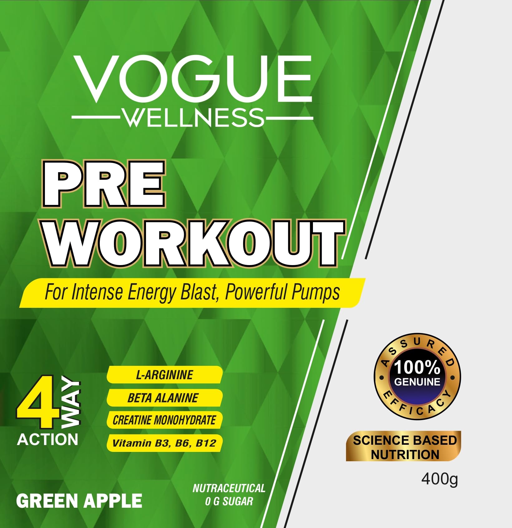 Vogue Wellness Pre Workout 400, 200mg Caffeine, 1000mg Citrulline | Pre Workout Supplement For Men & Women with B-Alanine, Creatine, L-Taurine For Performance & Energy Boost (GREEN APPLE) - Image 4 thumbnail