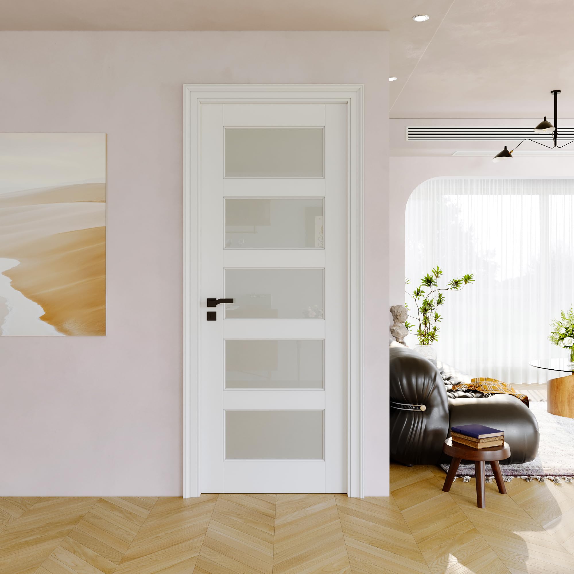 5-Panel Frosted Glass Interior Door Slab, 30 x 80 Slab Door for French Closet Doors, Solid Core Pre-Assembled Panel Certified, Single 80 inch Barn Doors for Pantry